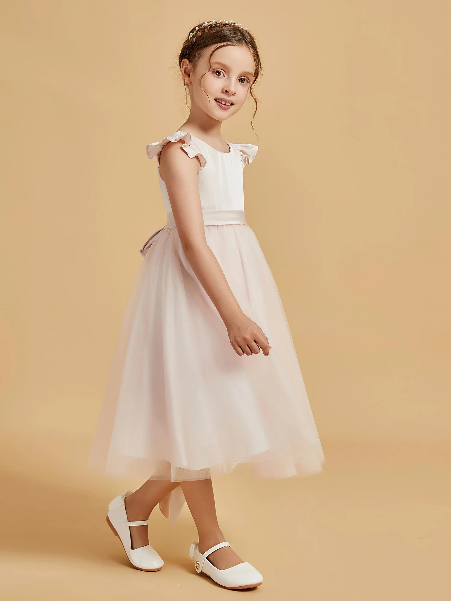 Satin Girl's Dress With Flutter Sleeves Rose Petal - Image 5