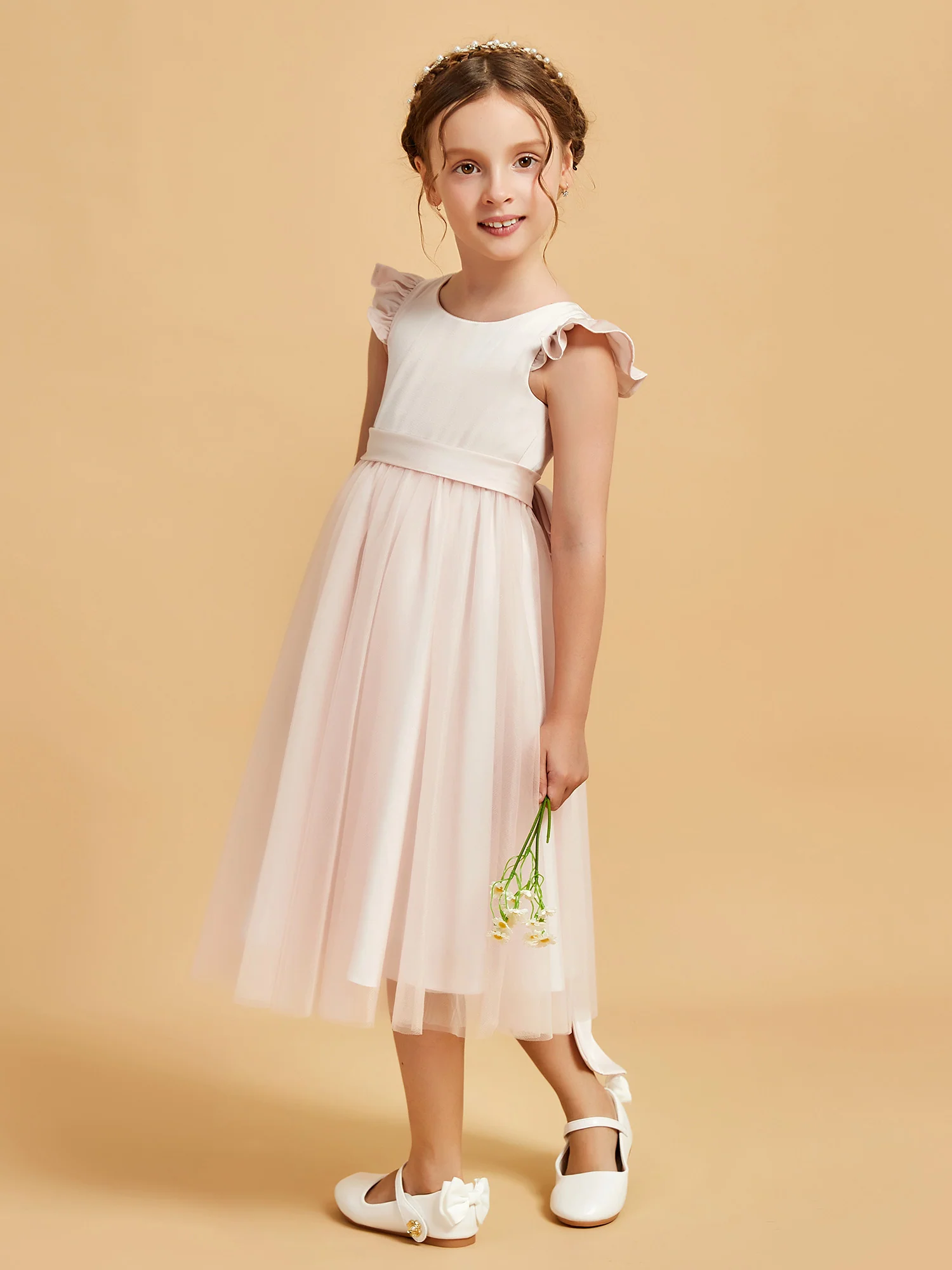Satin Girl's Dress With Flutter Sleeves Rose Petal - Image 6