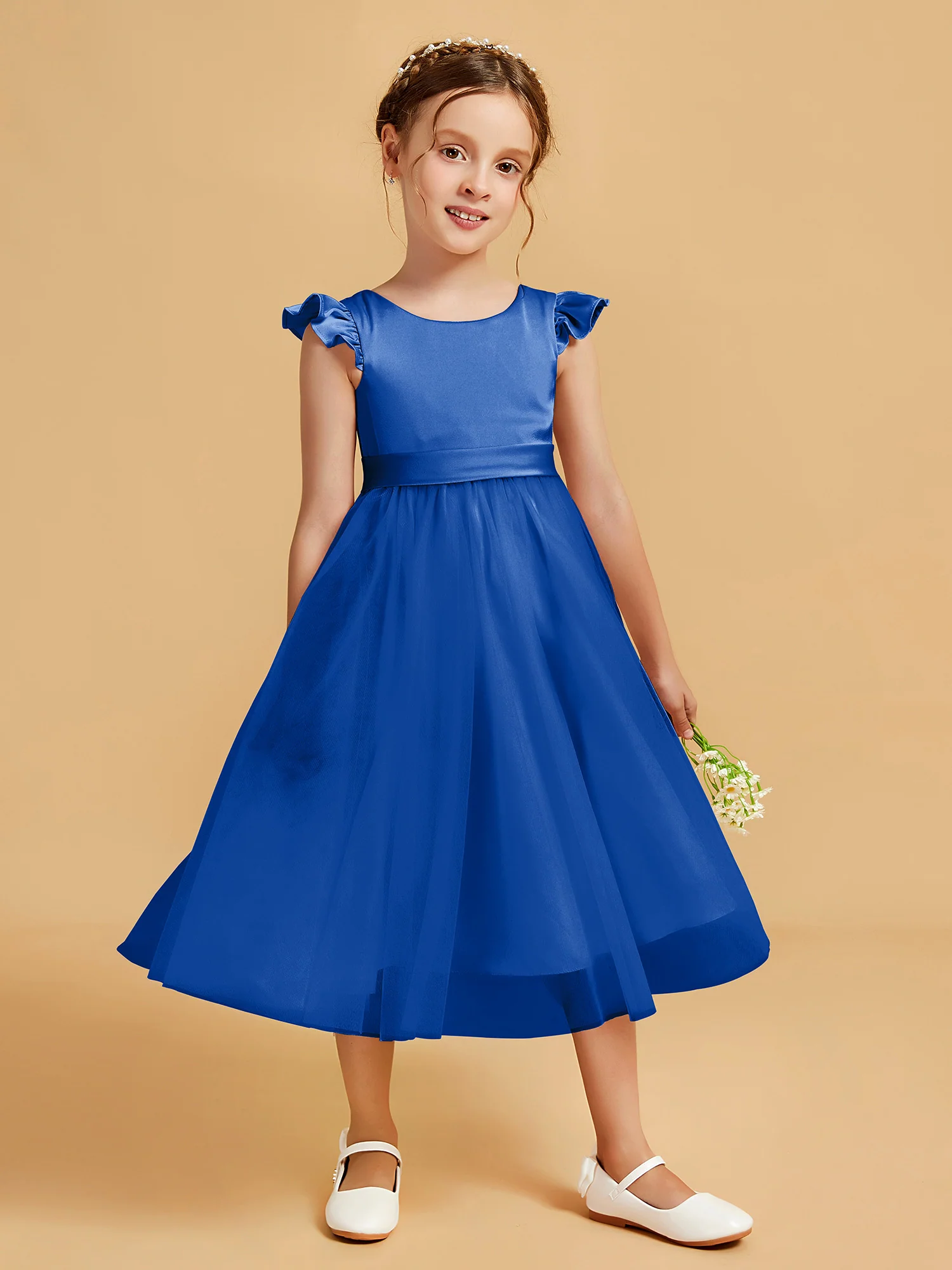 Satin Girl's Dress With Flutter Sleeves Royal Blue