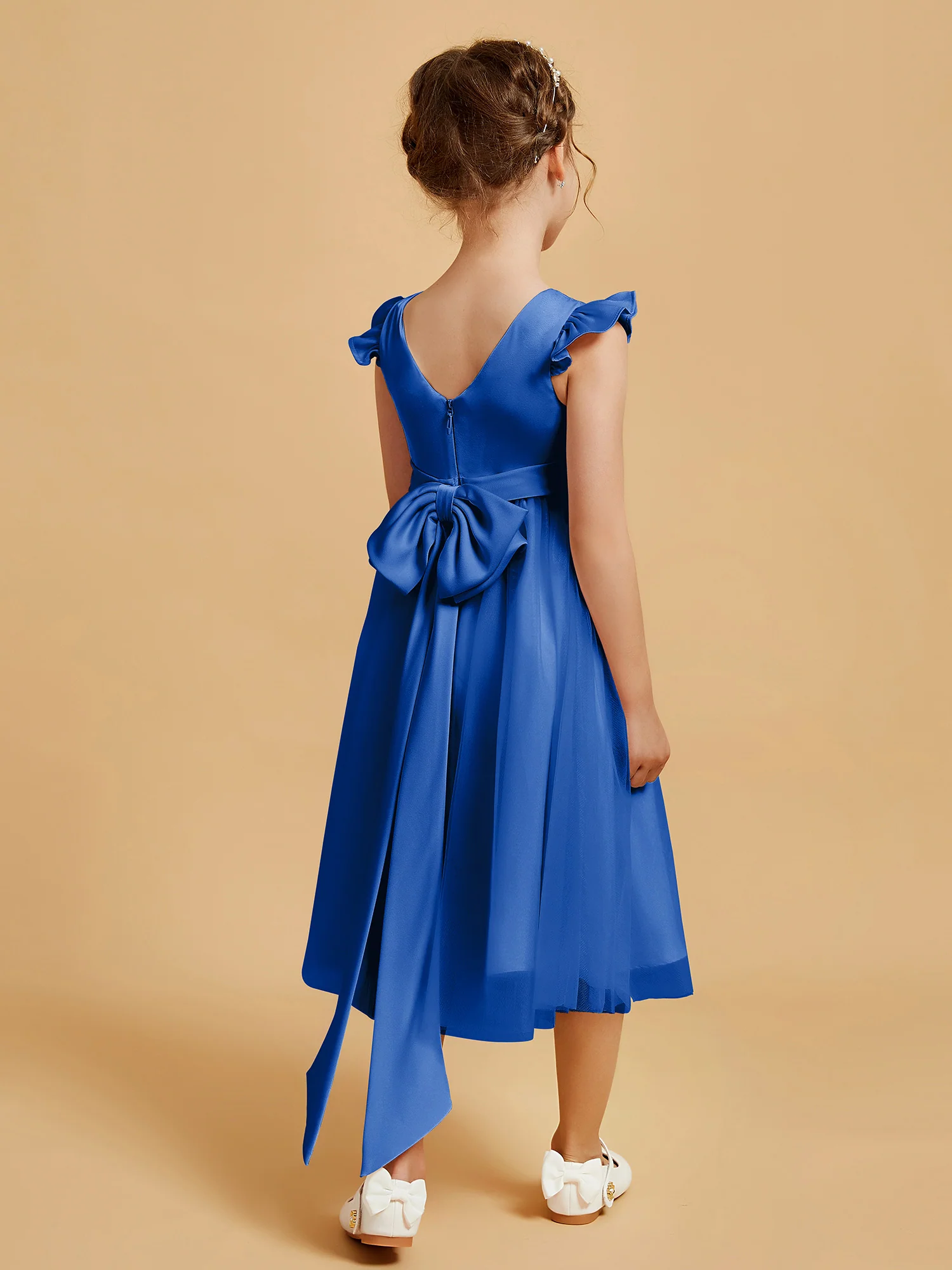 Satin Girl's Dress With Flutter Sleeves Royal Blue - Image 2