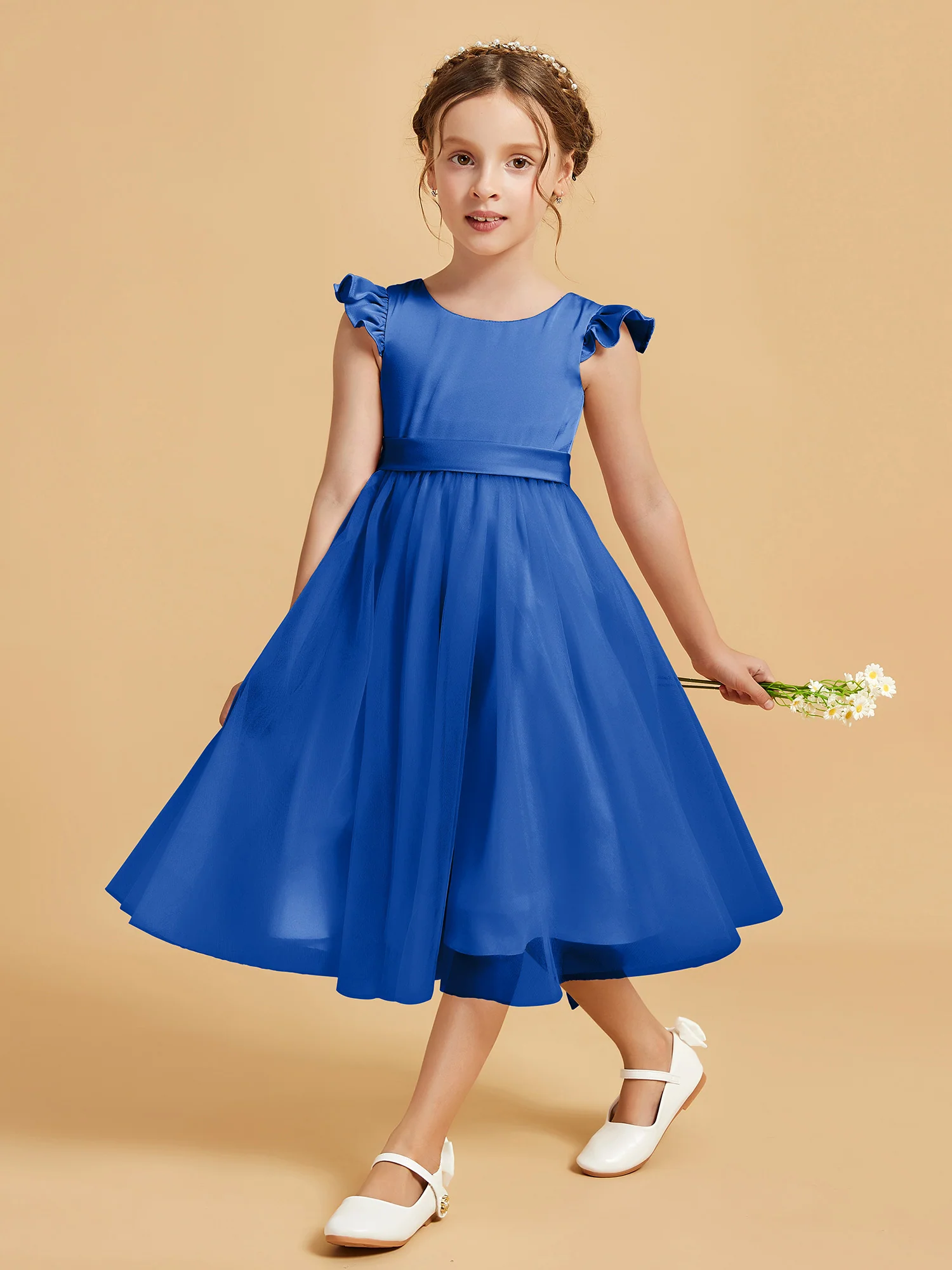 Satin Girl's Dress With Flutter Sleeves Royal Blue - Image 3