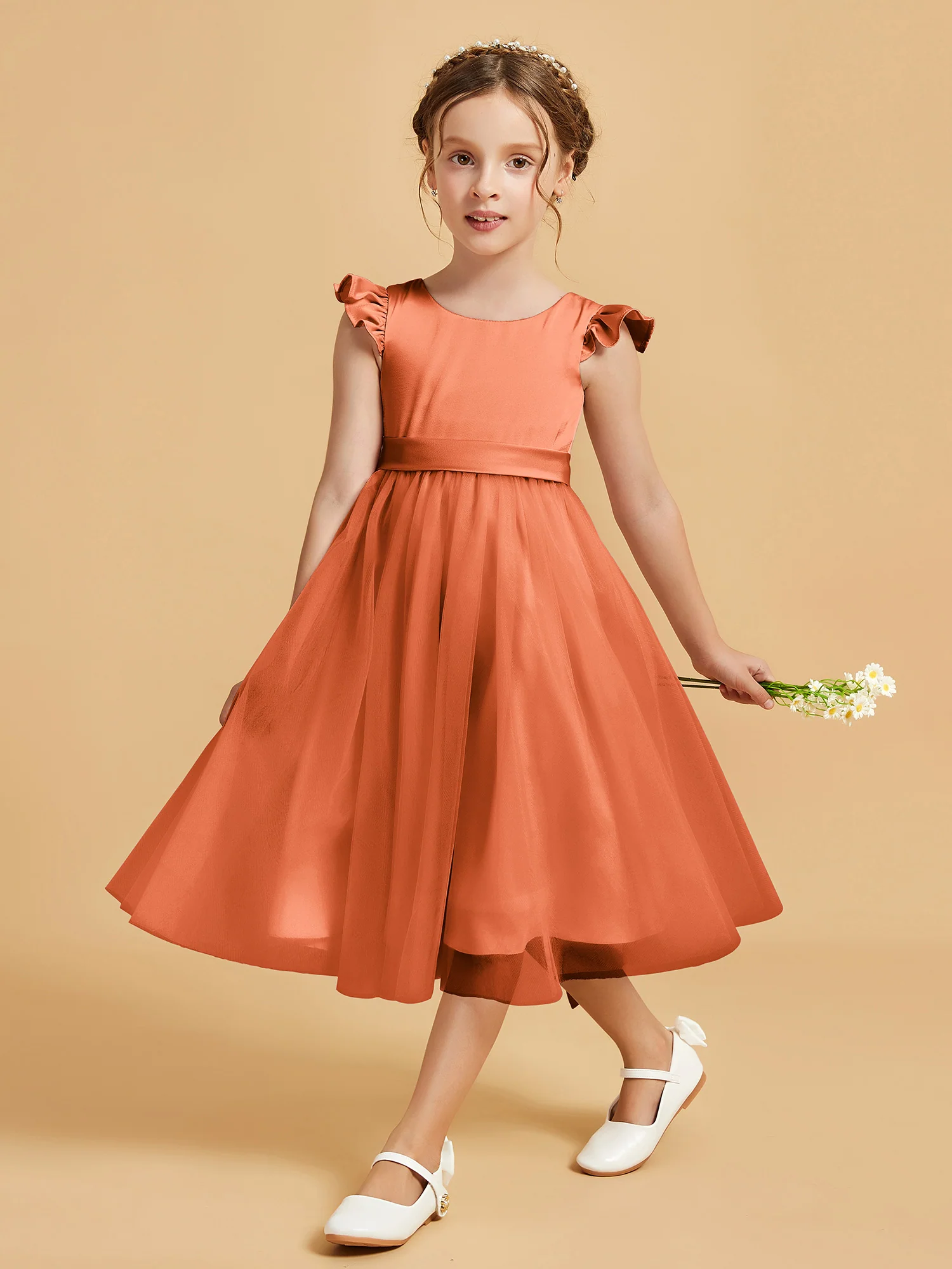 Satin Girl's Dress With Flutter Sleeves Rust - Image 3