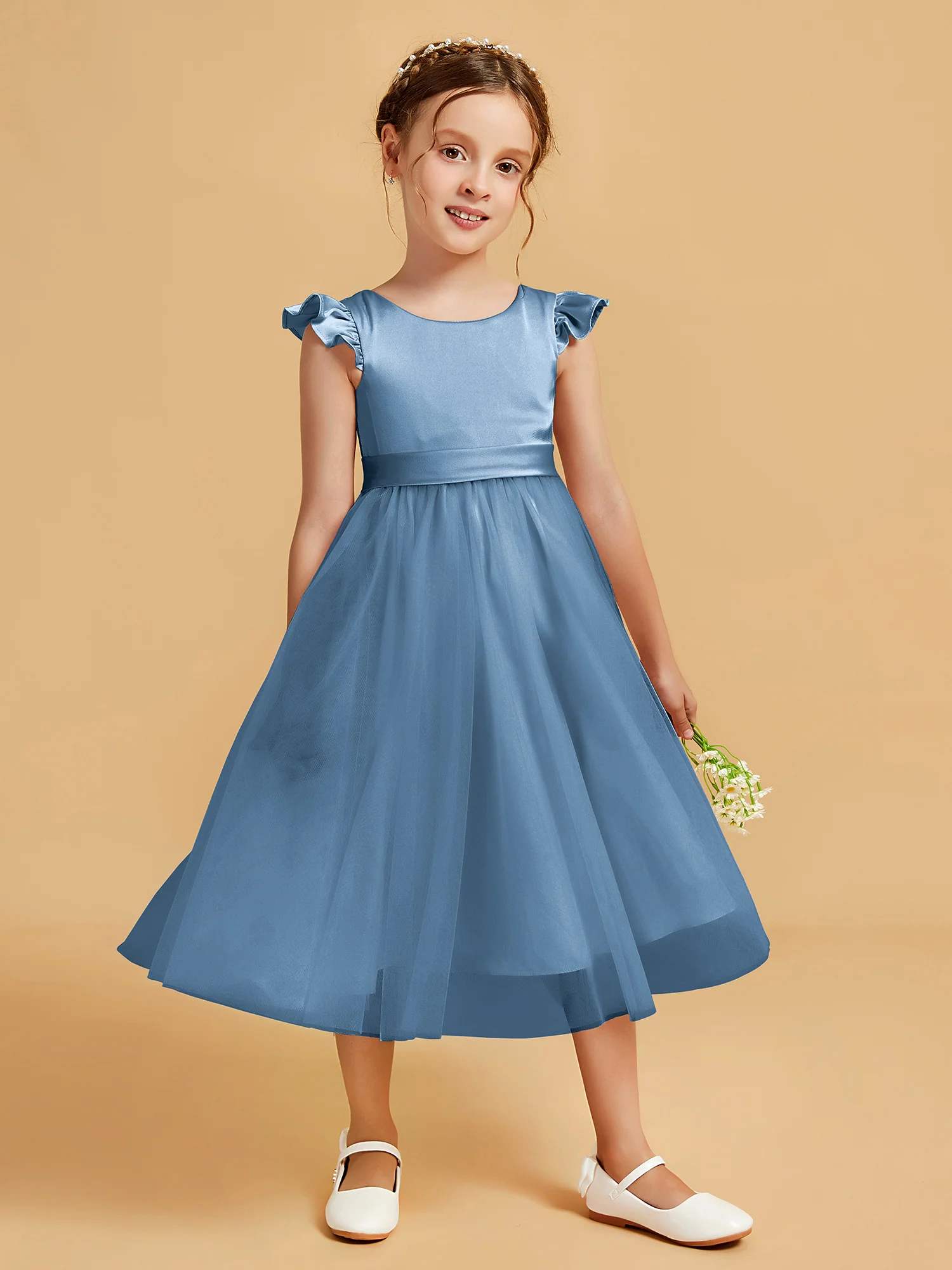 Satin Girl's Dress With Flutter Sleeves Slate Blue