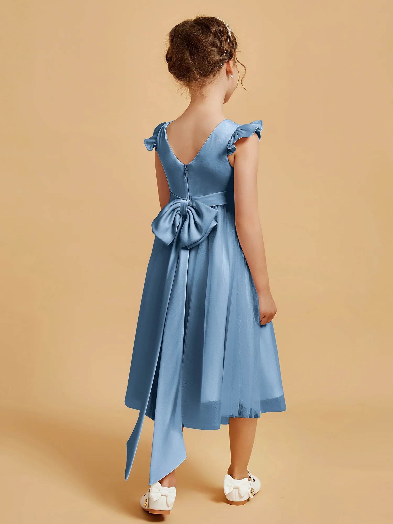 Satin Girl's Dress With Flutter Sleeves Slate Blue - Image 2