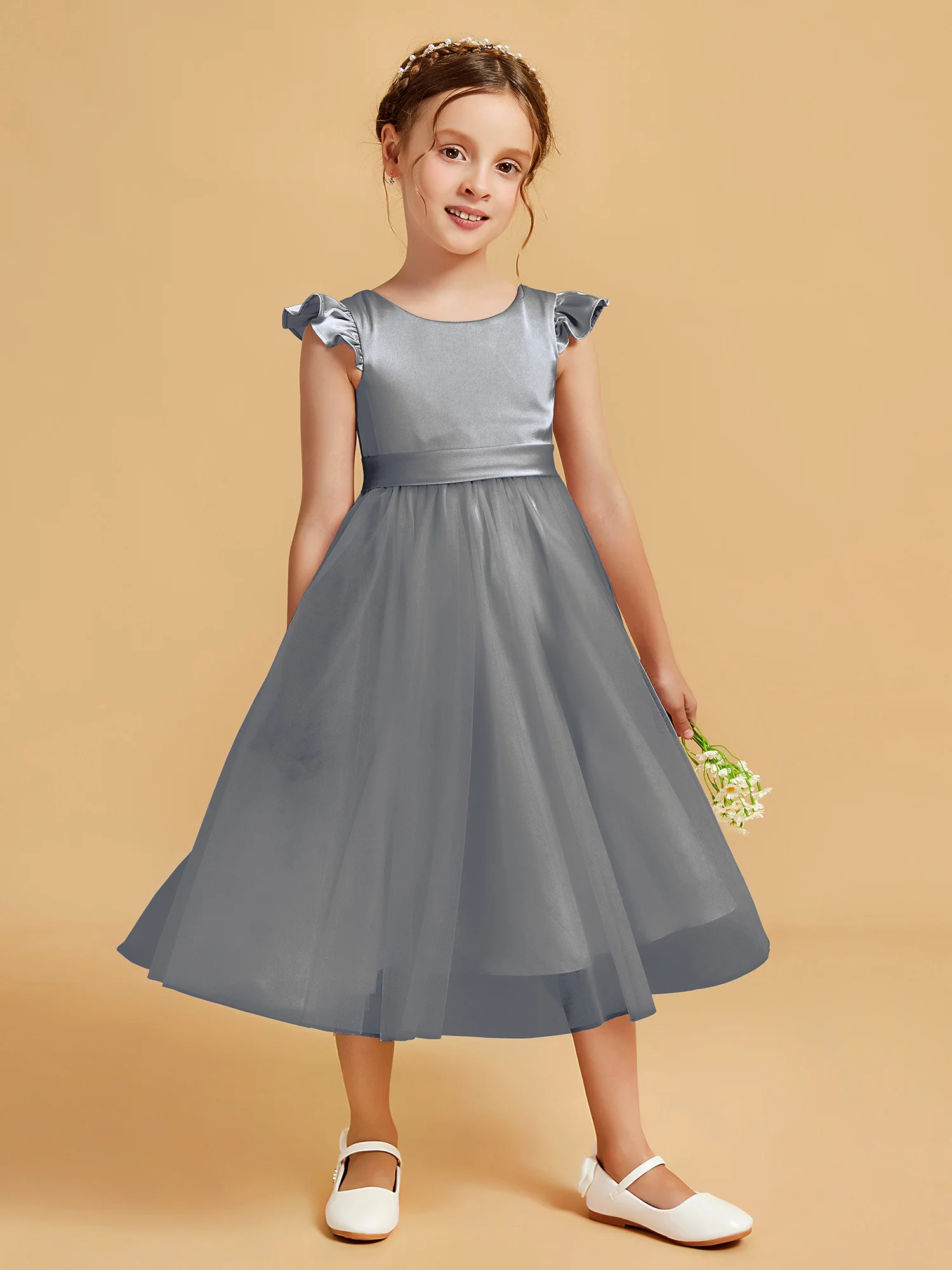 Satin Girl's Dress With Flutter Sleeves Steel Grey