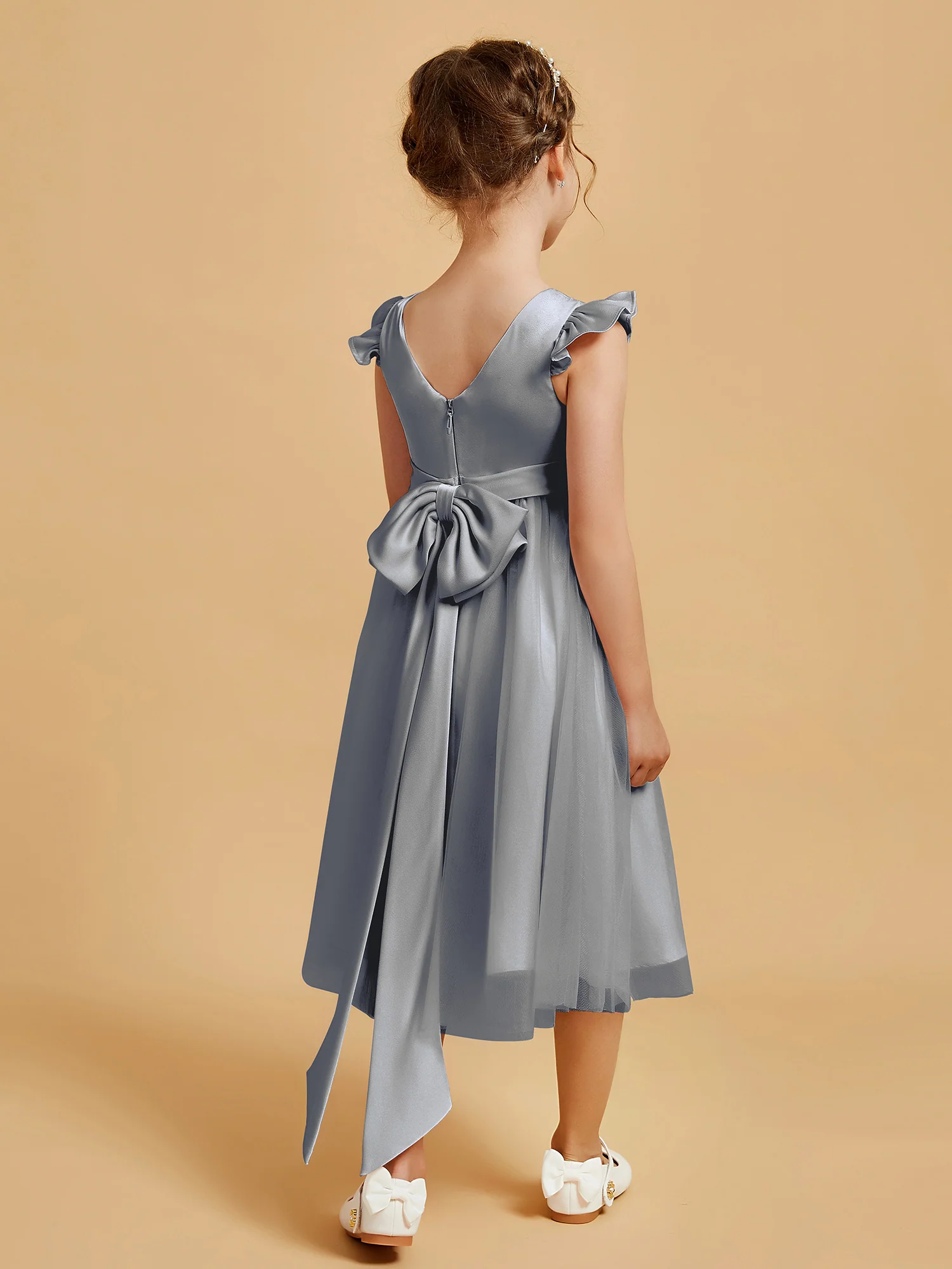 Satin Girl's Dress With Flutter Sleeves Steel Grey - Image 2