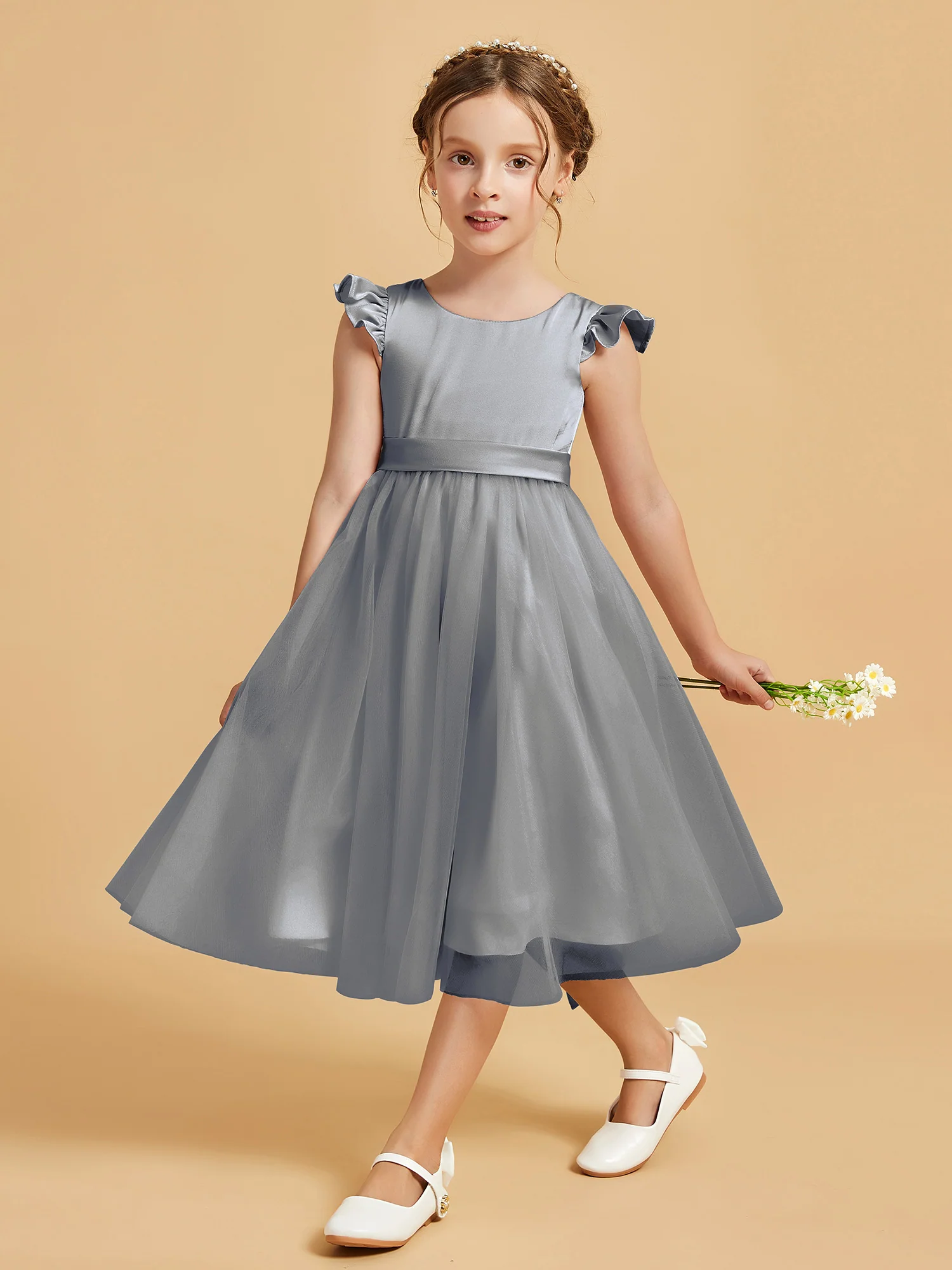 Satin Girl's Dress With Flutter Sleeves Steel Grey - Image 3
