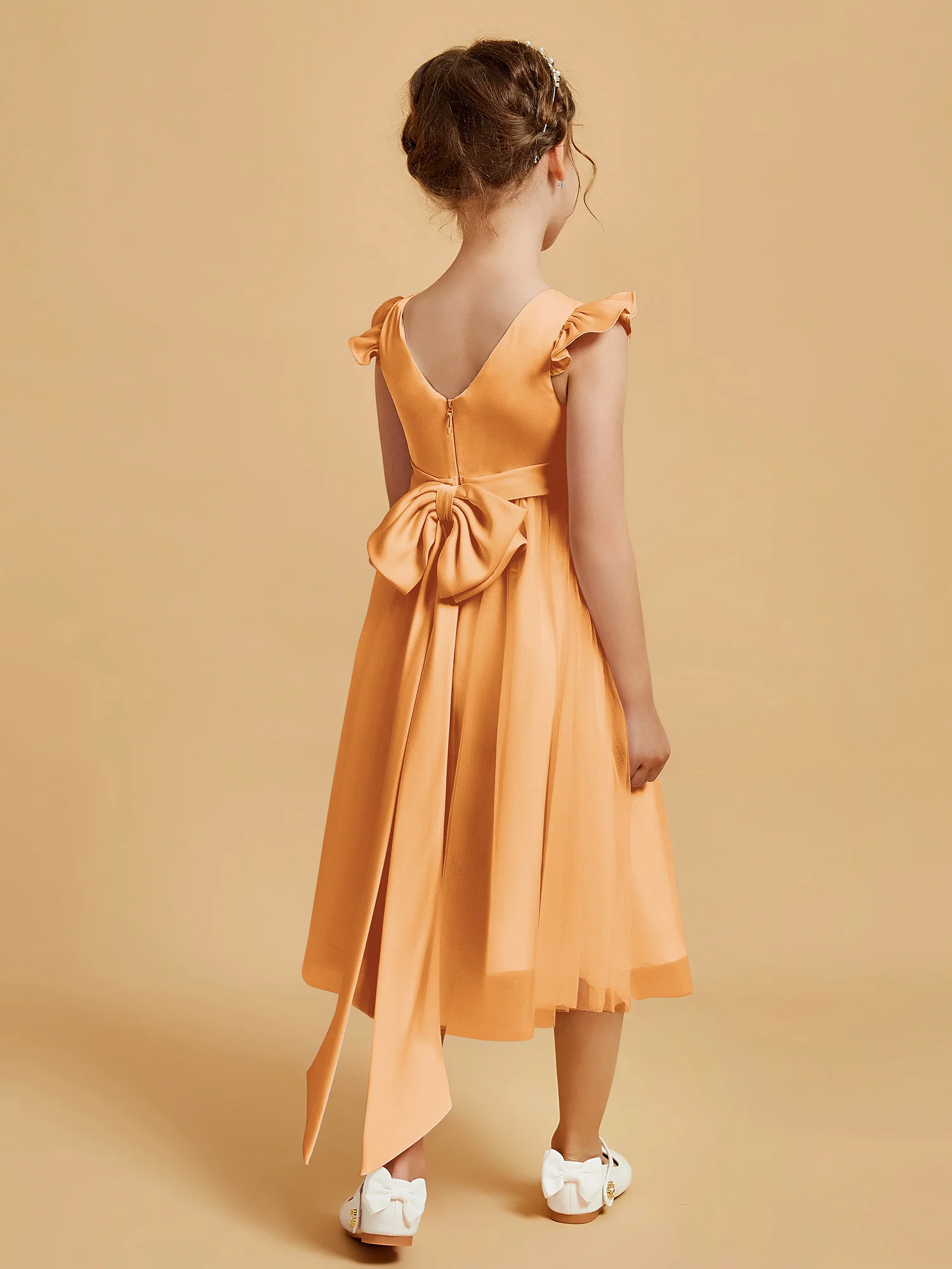 Satin Girl's Dress With Flutter Sleeves Tangerine - Image 2