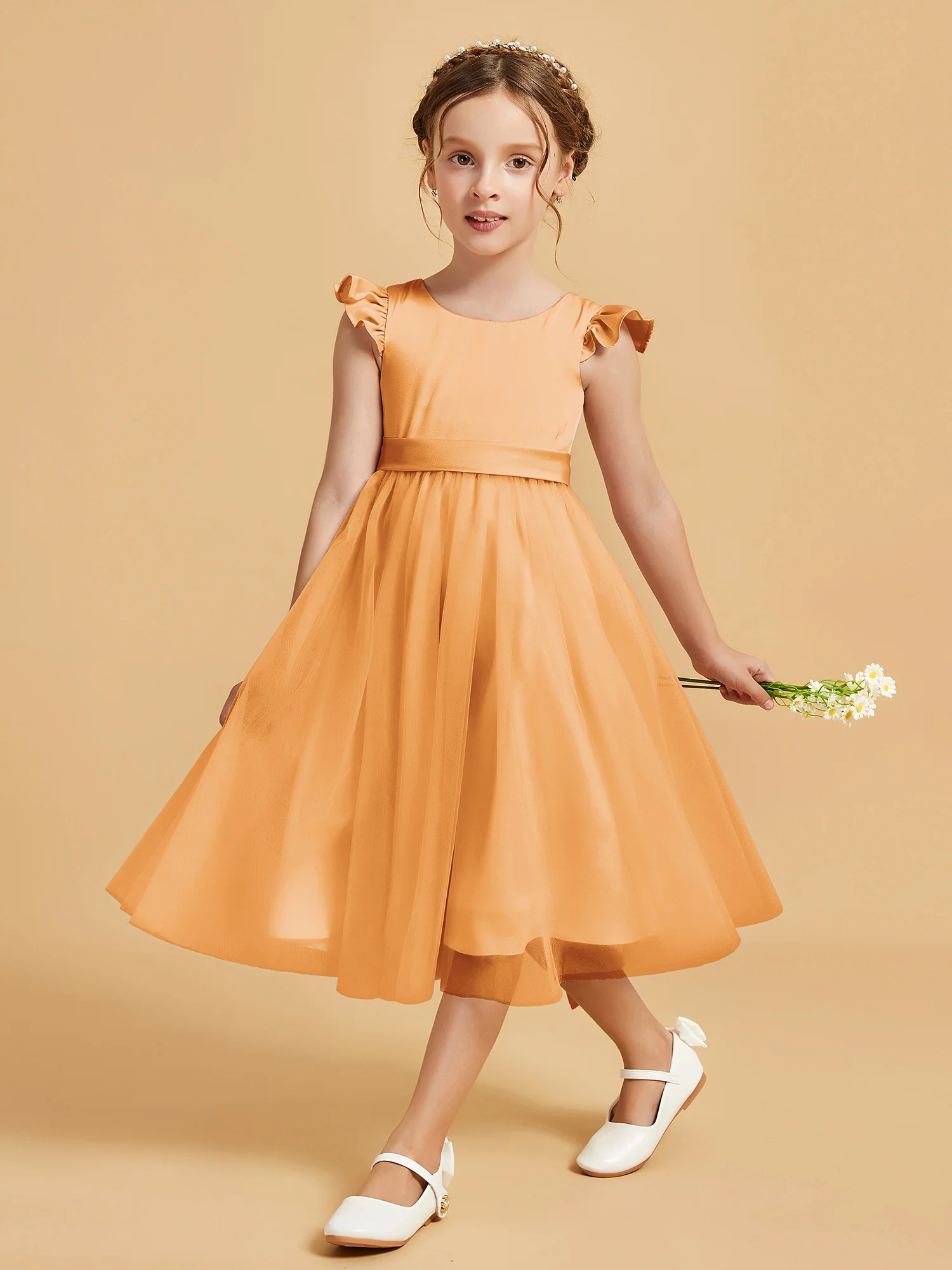 Satin Girl's Dress With Flutter Sleeves Tangerine - Image 3