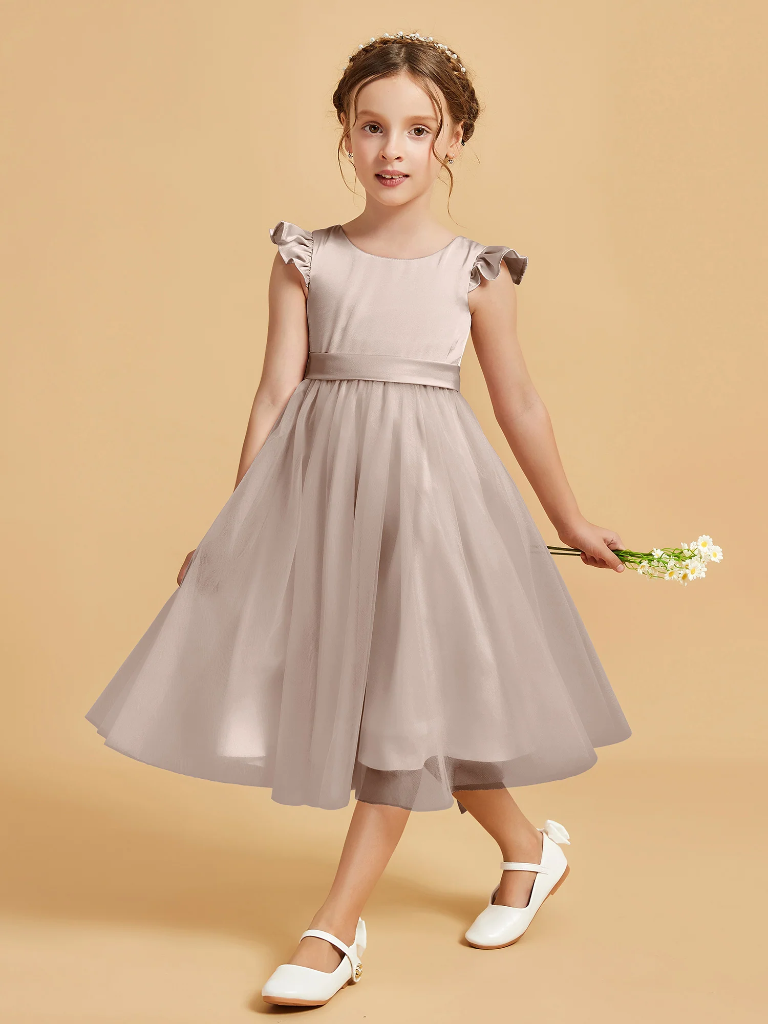 Satin Girl's Dress With Flutter Sleeves Taupe - Image 3