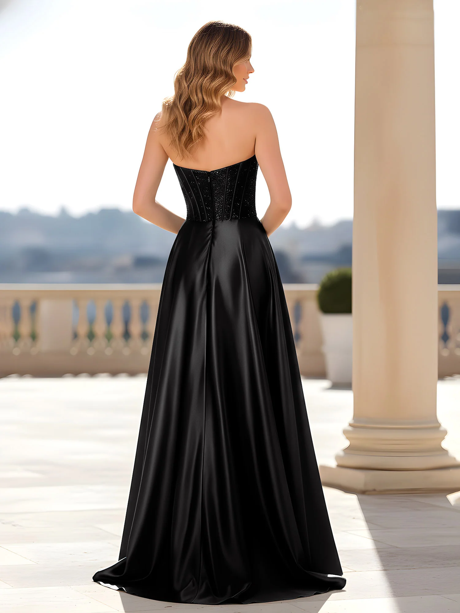 Strapless Satin Gown with Corset Bodice Black - Image 2