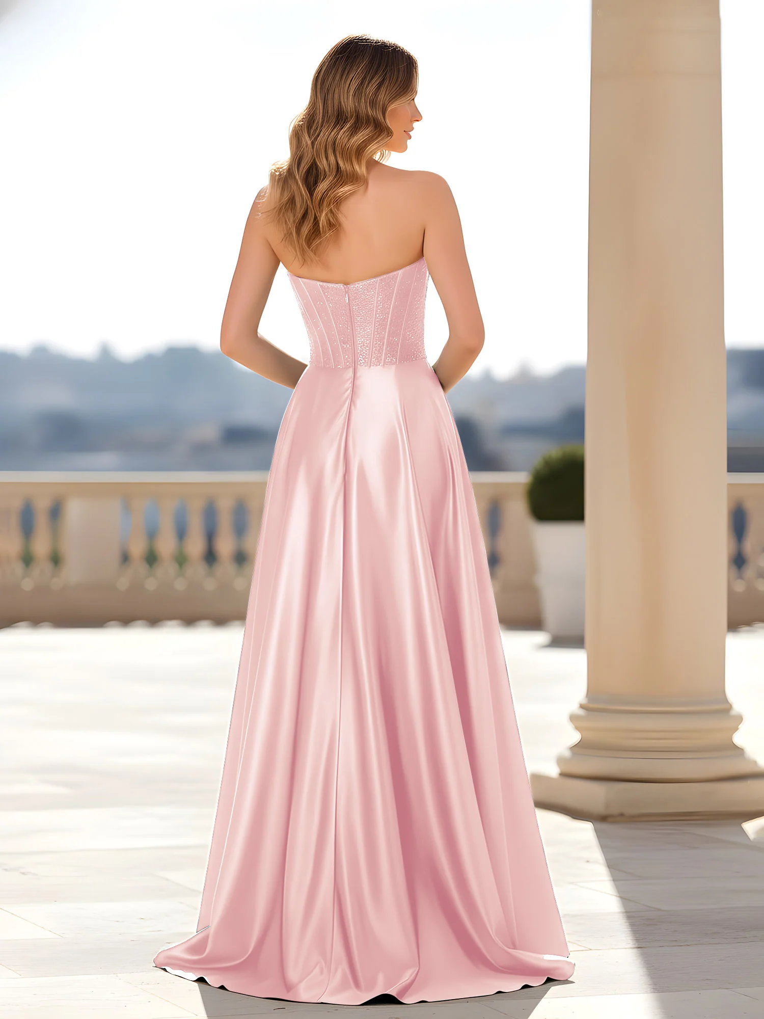 Strapless Satin Gown with Corset Bodice Blushing Pink - Image 2