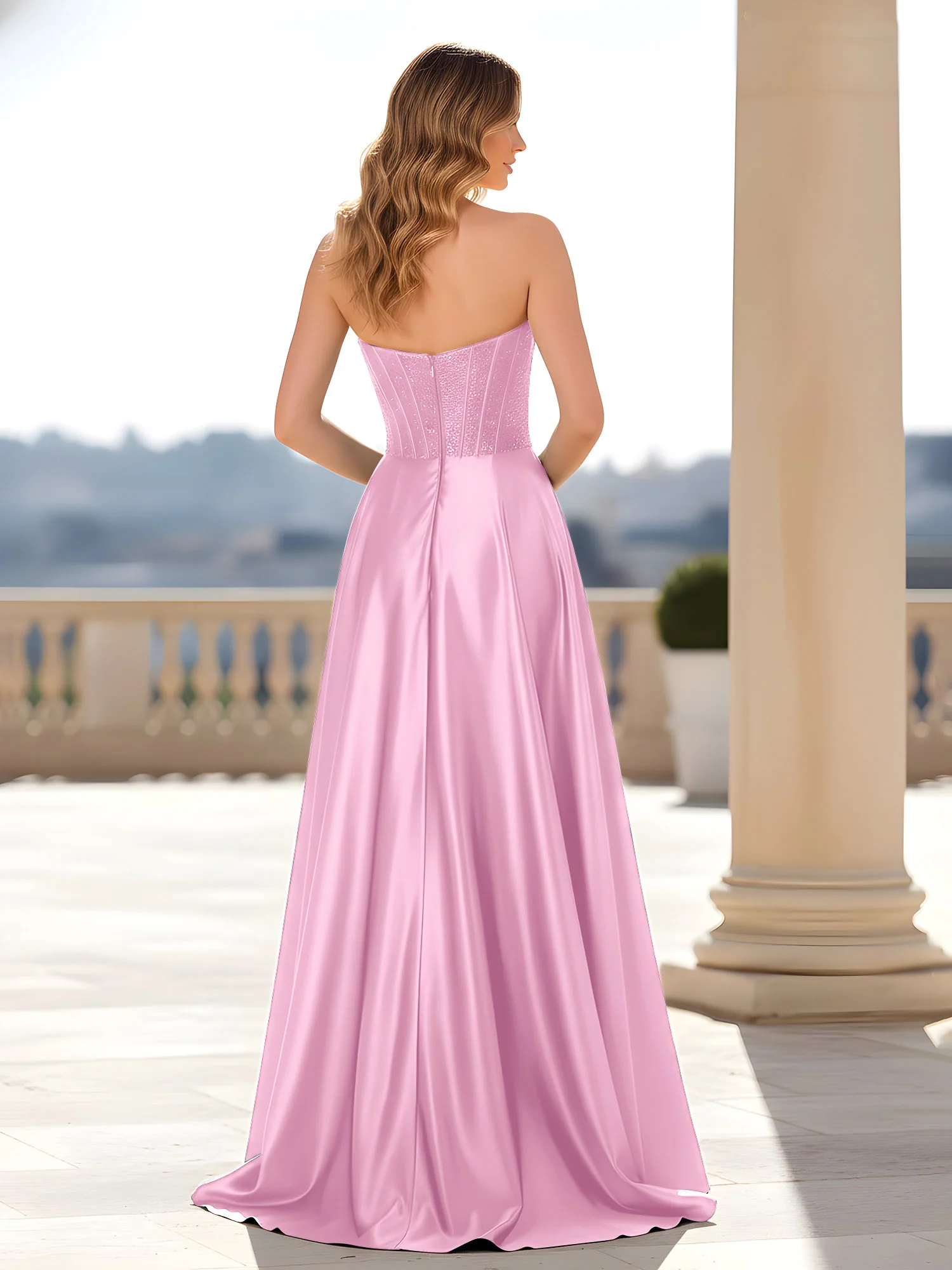 Strapless Satin Gown with Corset Bodice Candy Pink - Image 2