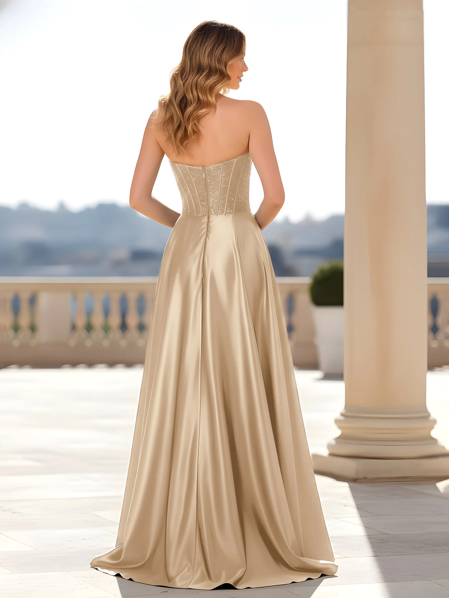 Strapless Satin Gown with Corset Bodice Champagne - Image 2