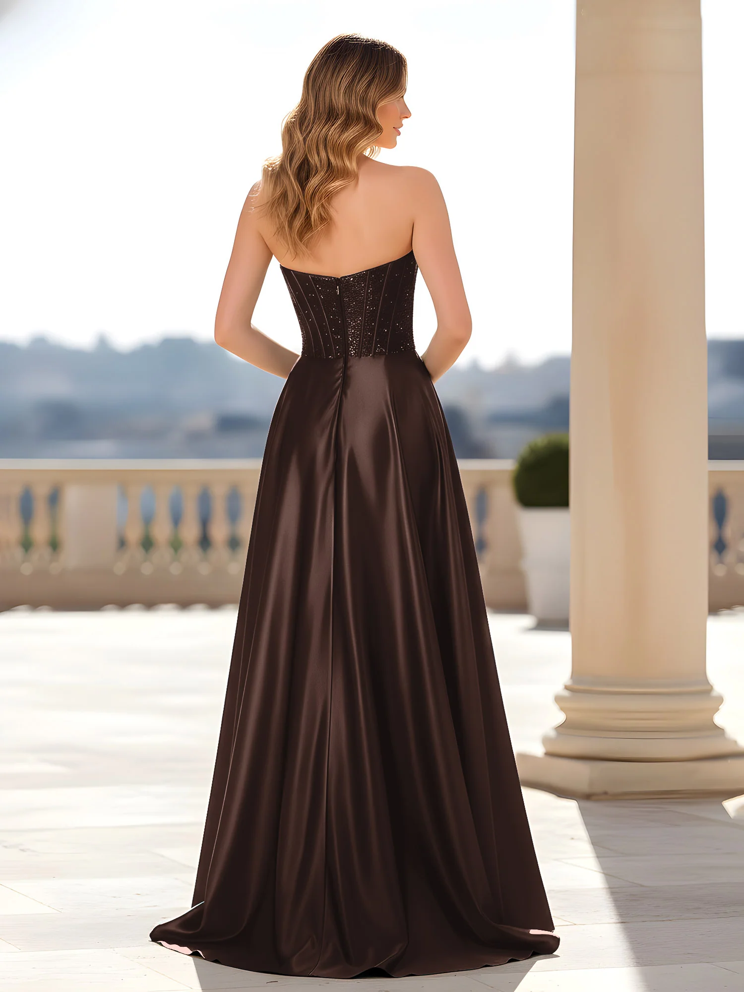 Strapless Satin Gown with Corset Bodice Chocolate - Image 2