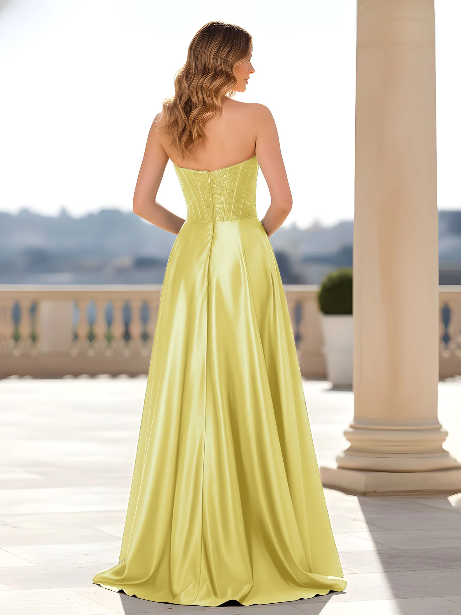 Strapless Satin Gown with Corset Bodice Daffodil - Image 2
