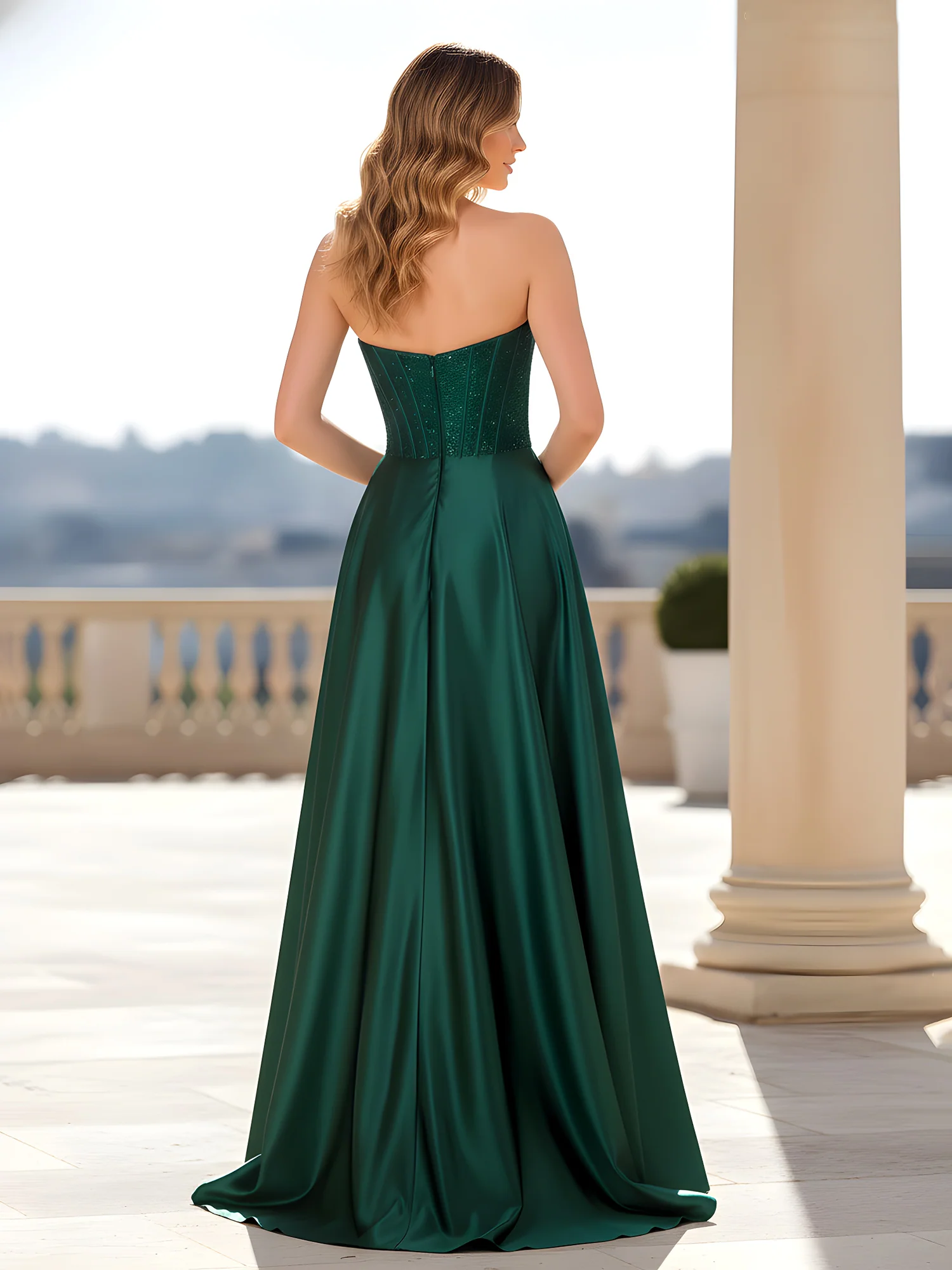 Strapless Satin Gown with Corset Bodice Dark Green - Image 2