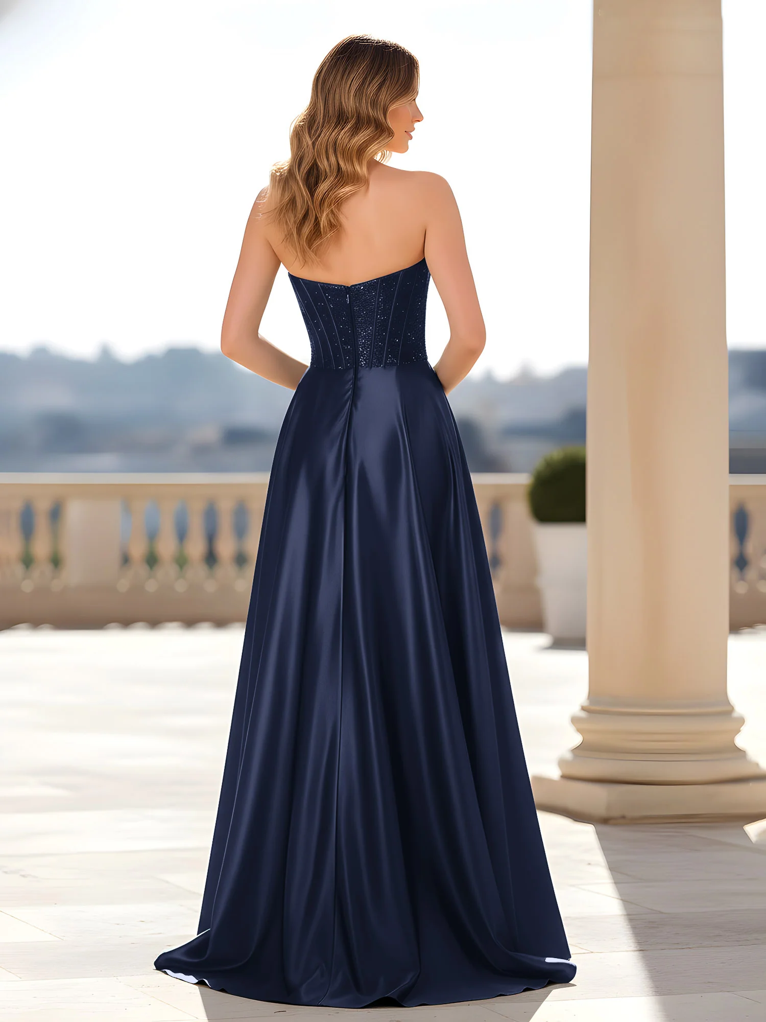 Strapless Satin Gown with Corset Bodice Dark Navy - Image 2