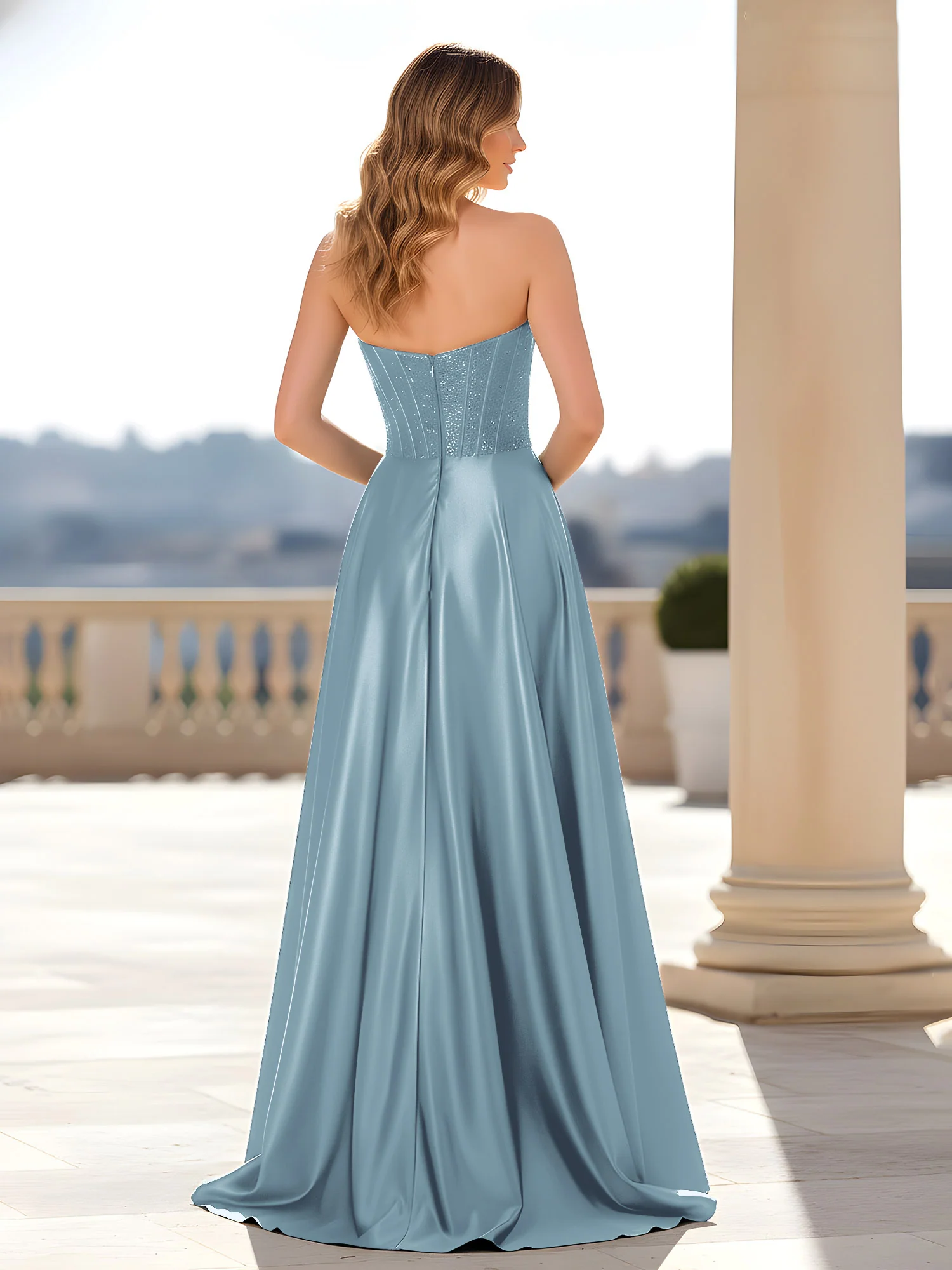 Strapless Satin Gown with Corset Bodice Dusty Blue - Image 2