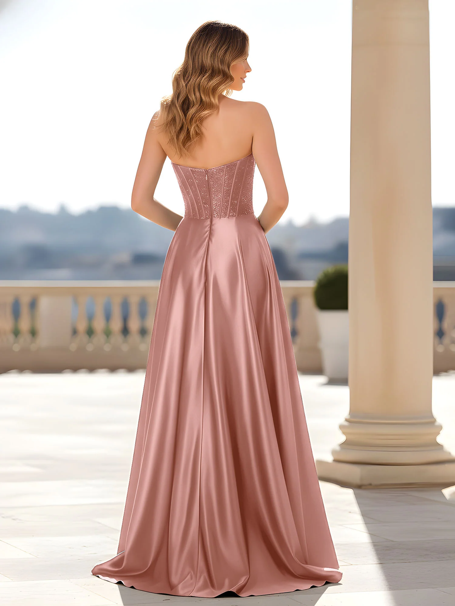 Strapless Satin Gown with Corset Bodice Dusty Rose - Image 2
