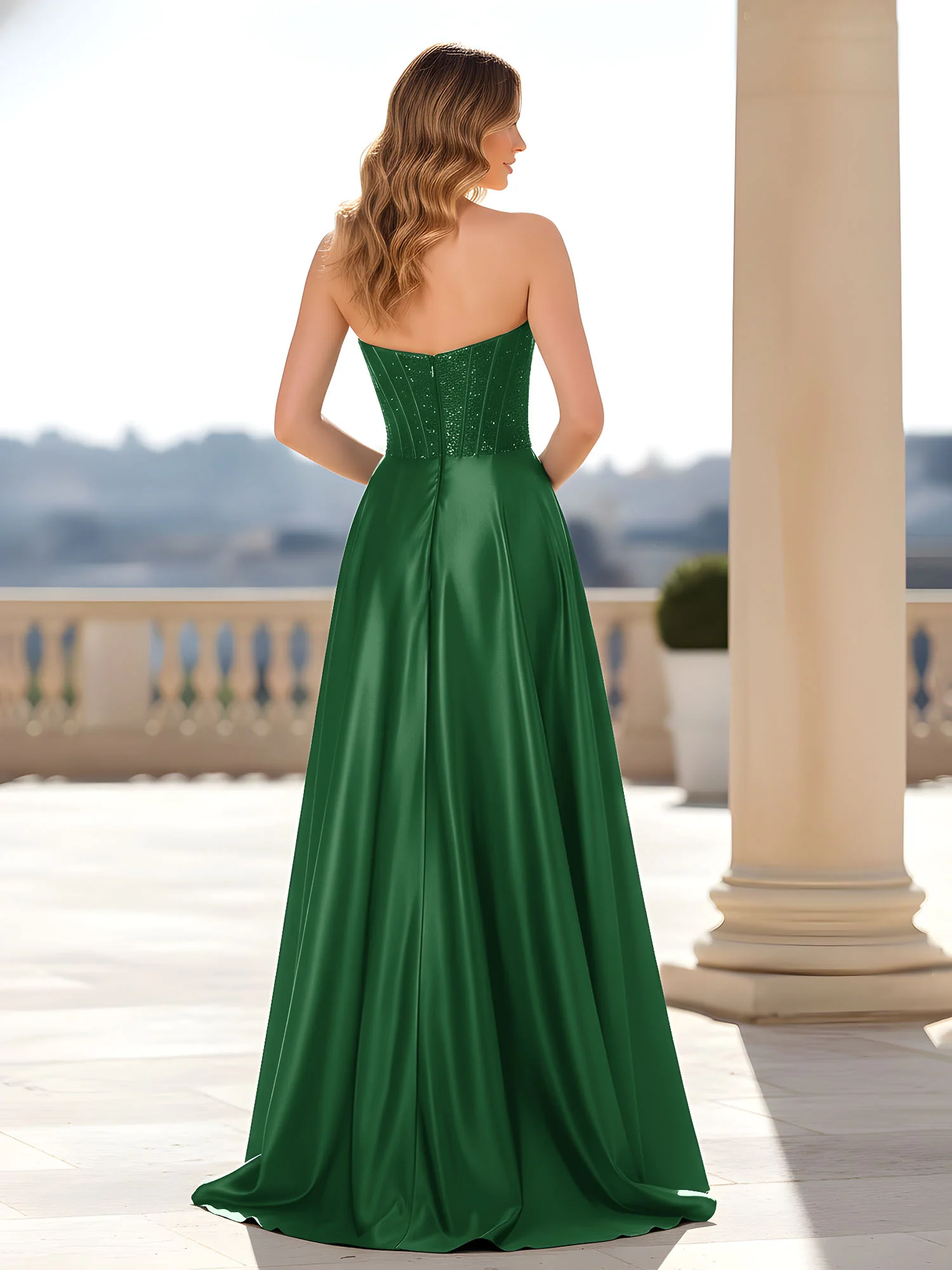 Strapless Satin Gown with Corset Bodice Emerald - Image 2