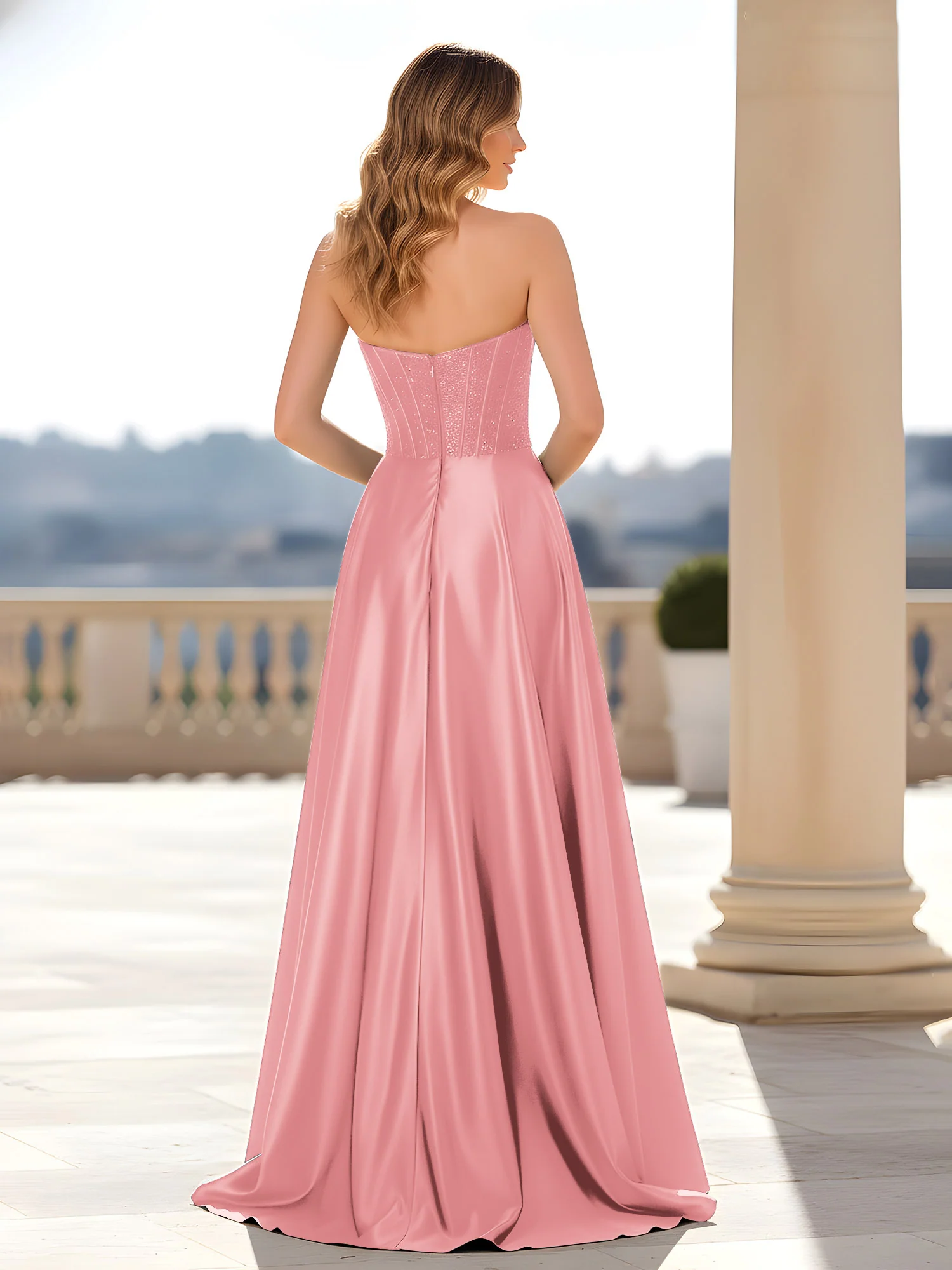 Strapless Satin Gown with Corset Bodice Flamingo - Image 2