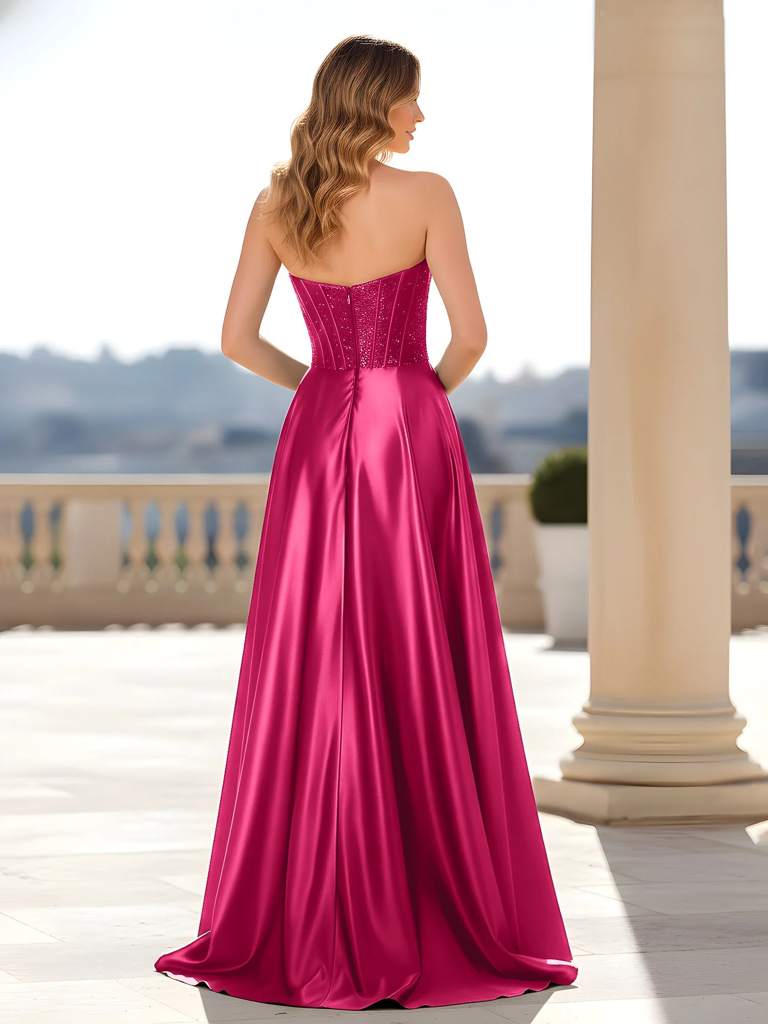 Strapless Satin Gown with Corset Bodice Fuchsia - Image 2