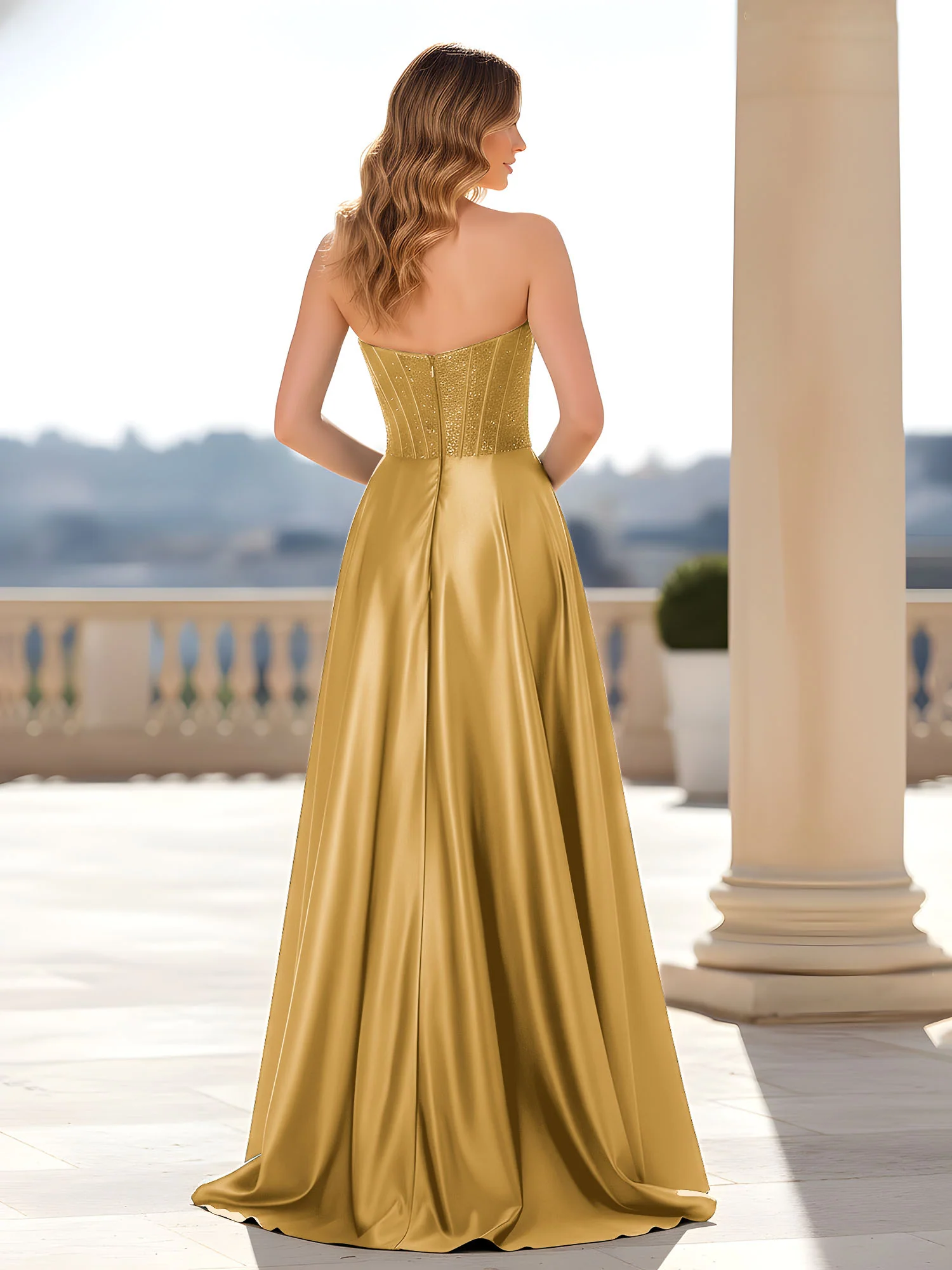 Strapless Satin Gown with Corset Bodice Gold - Image 2