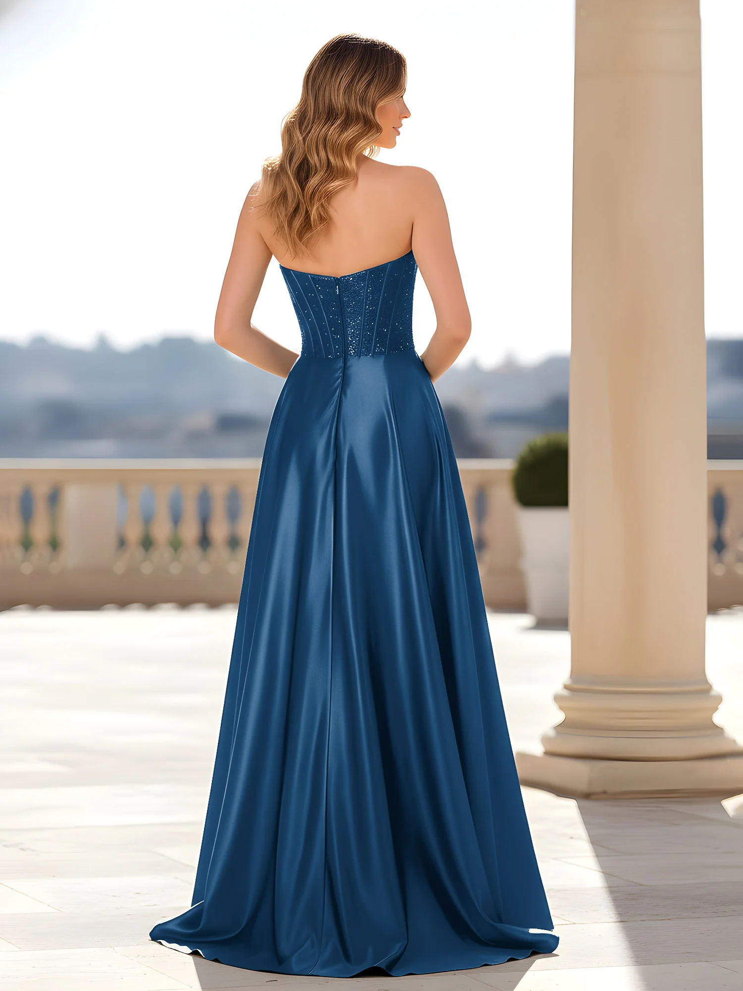 Strapless Satin Gown with Corset Bodice Ink Blue - Image 2