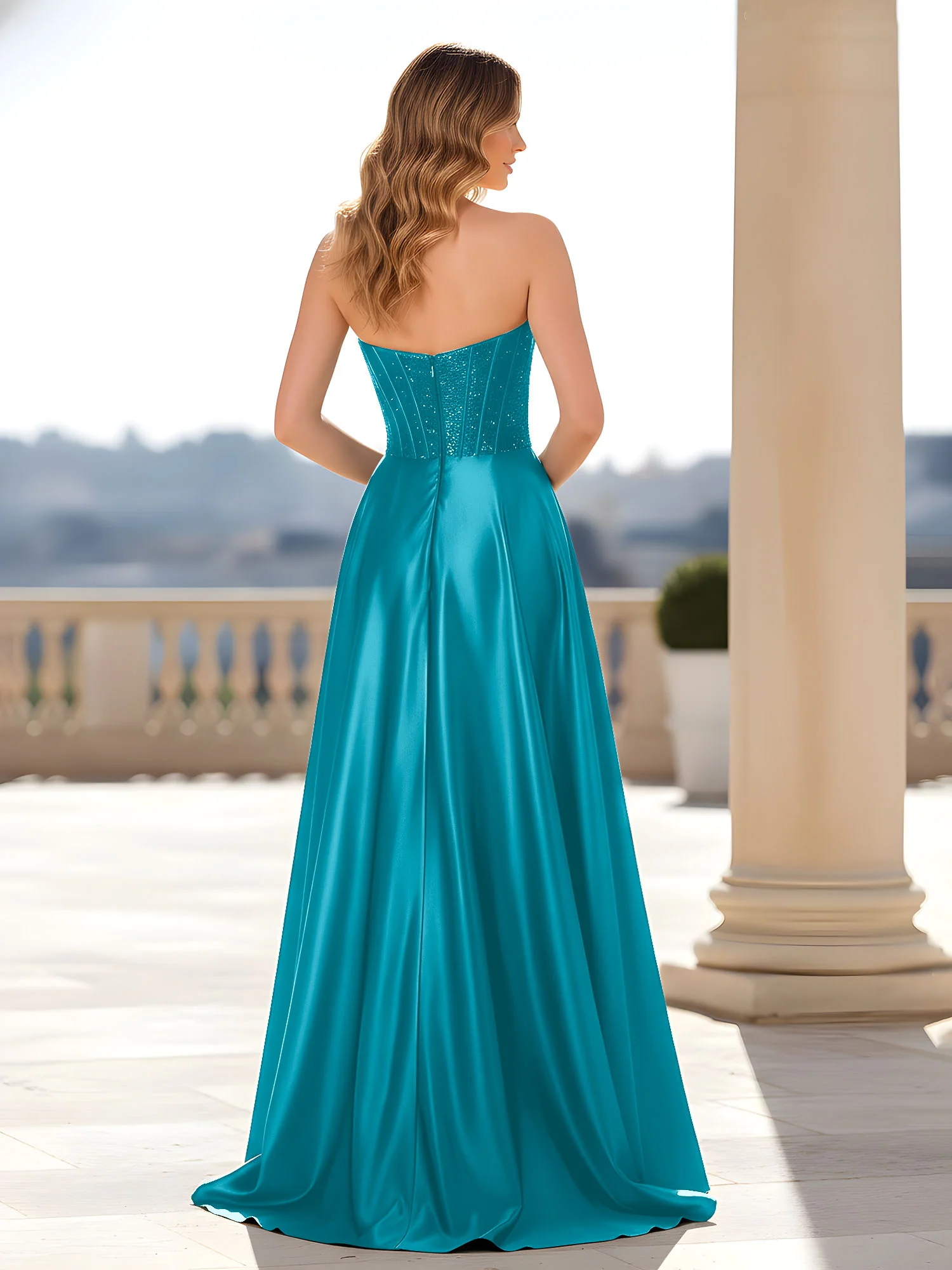 Strapless Satin Gown with Corset Bodice Jade - Image 2