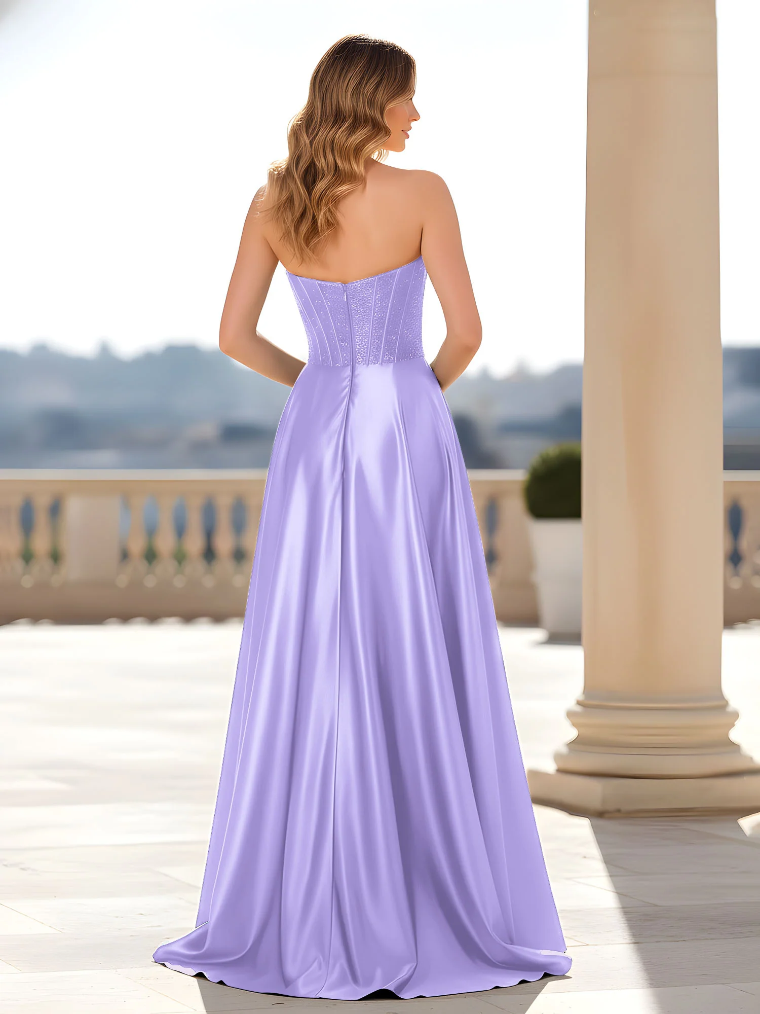 Strapless Satin Gown with Corset Bodice Lilac - Image 2