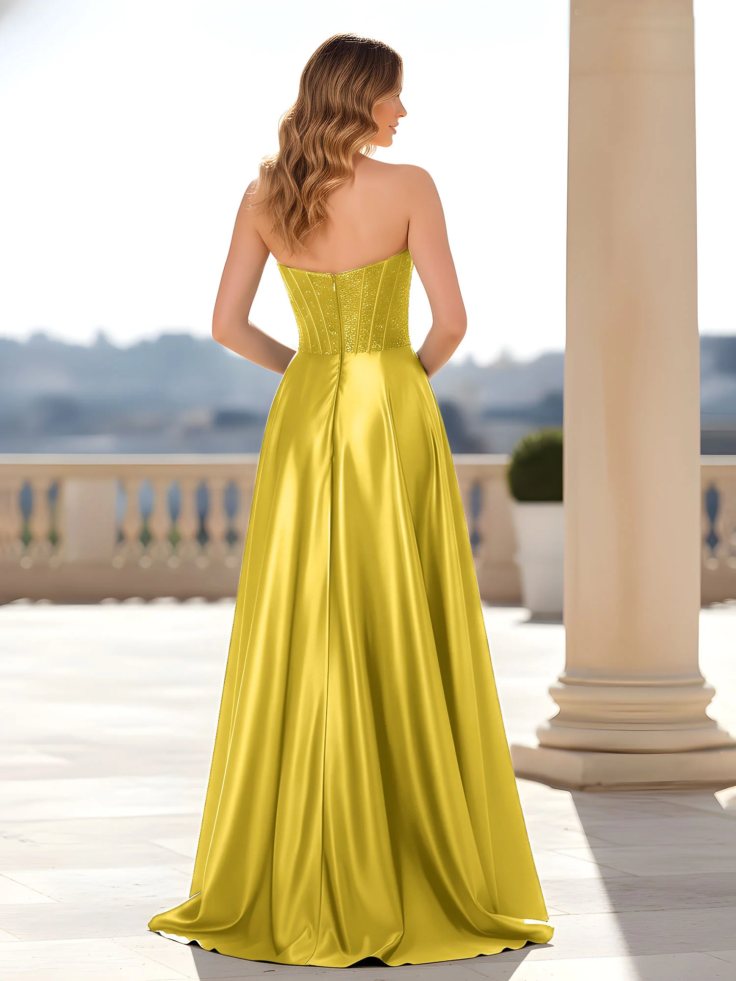 Strapless Satin Gown with Corset Bodice Marigold - Image 2