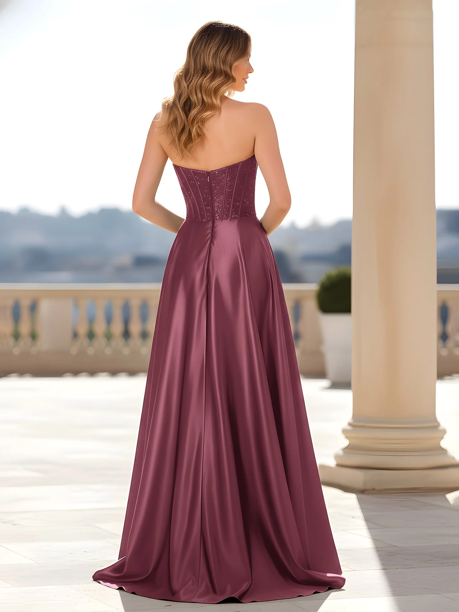 Strapless Satin Gown with Corset Bodice Mulberry - Image 2