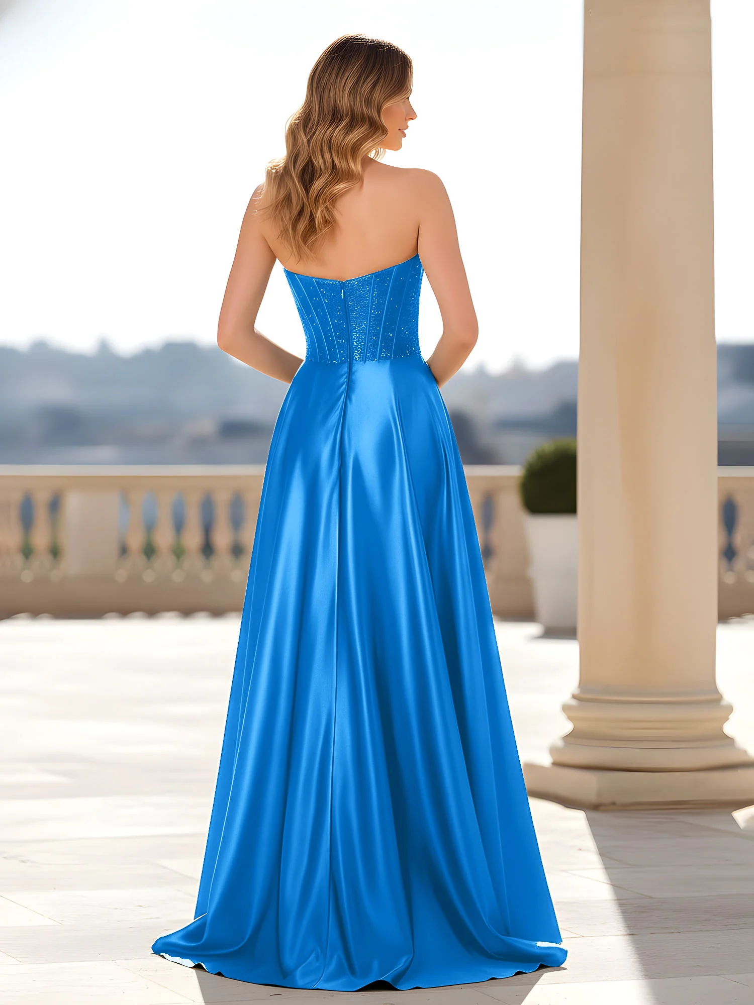 Strapless Satin Gown with Corset Bodice Ocean Blue - Image 2