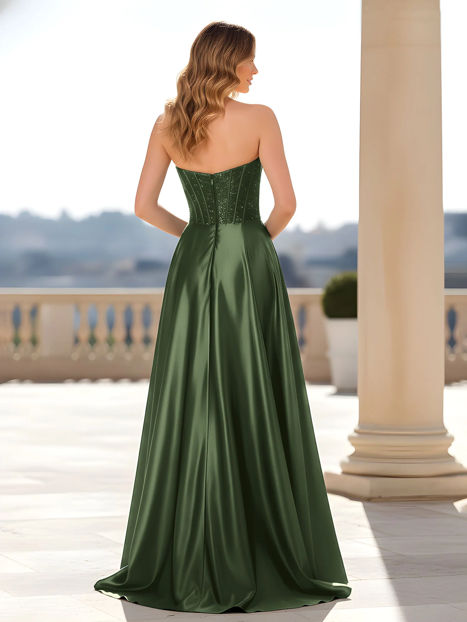Strapless Satin Gown with Corset Bodice Olive Green - Image 2
