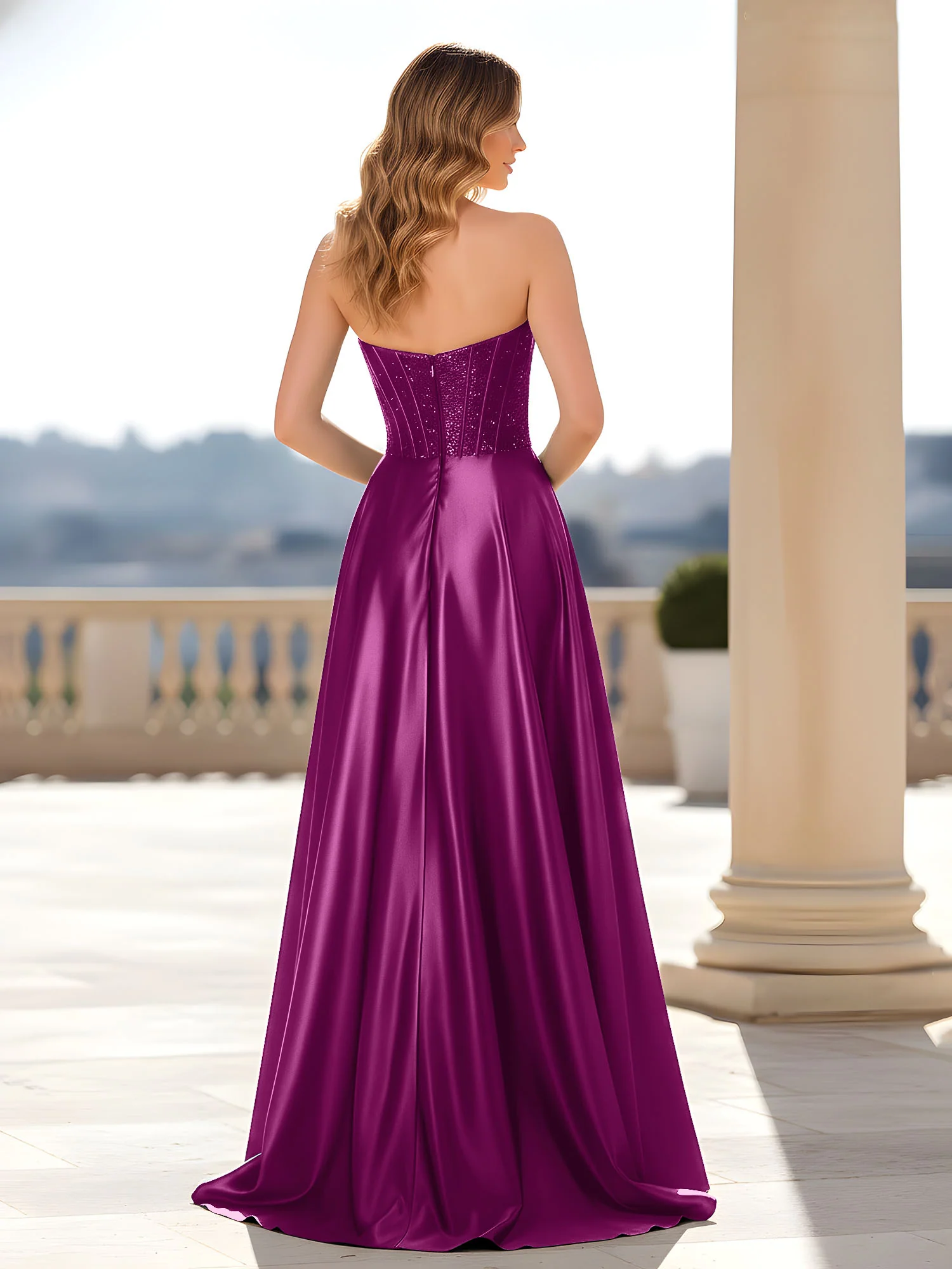 Strapless Satin Gown with Corset Bodice Orchid - Image 2