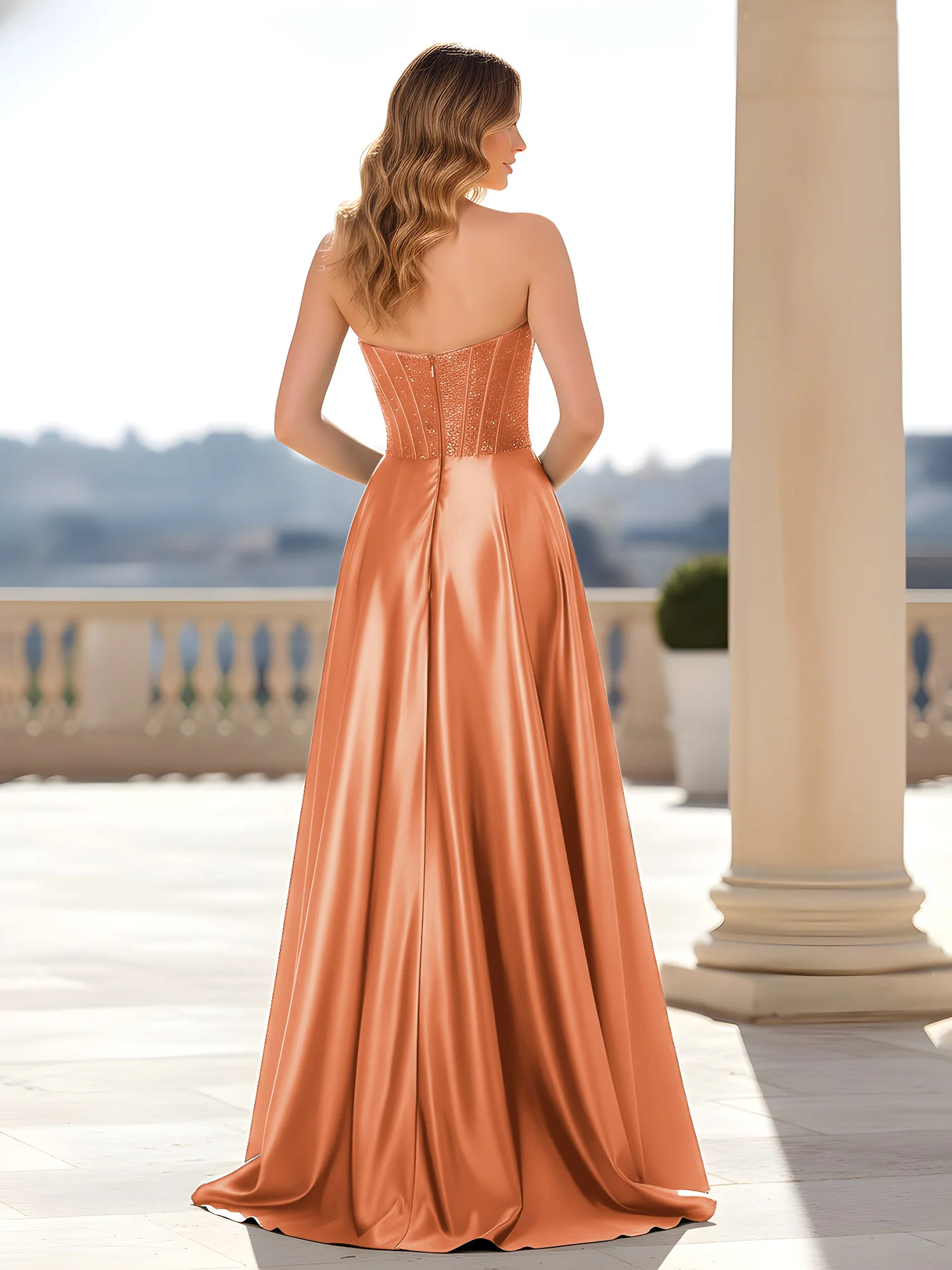 Strapless Satin Gown with Corset Bodice Papaya - Image 2