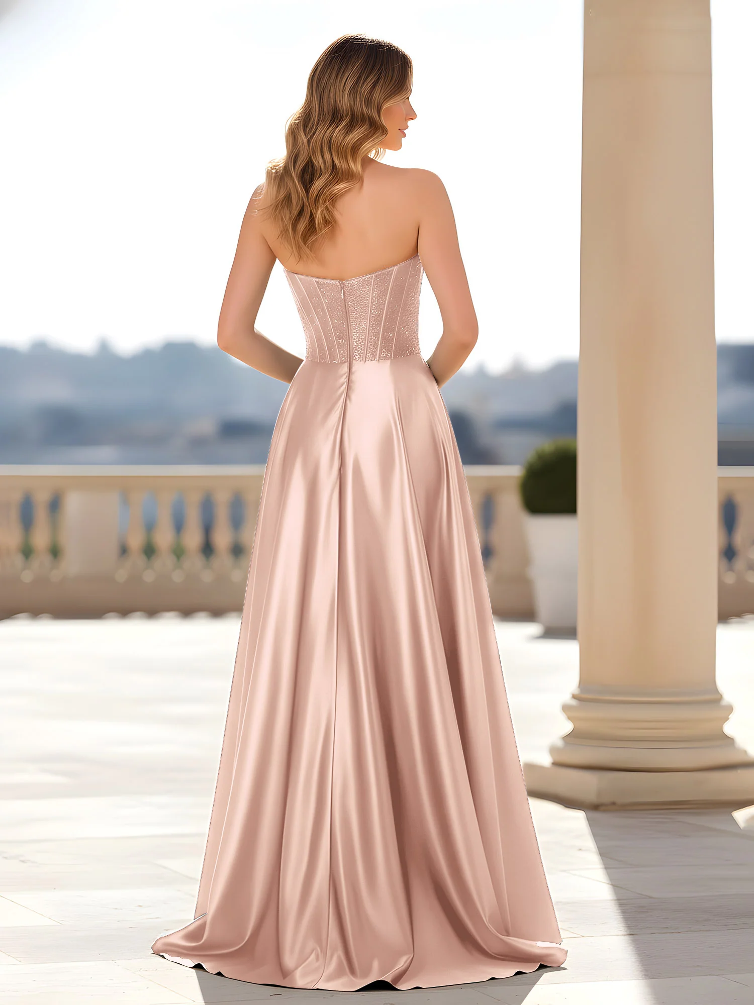 Strapless Satin Gown with Corset Bodice Pearl Pink - Image 2