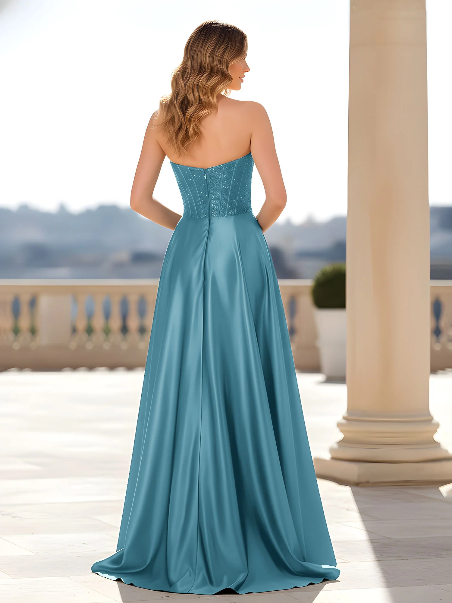 Strapless Satin Gown with Corset Bodice Pool - Image 2
