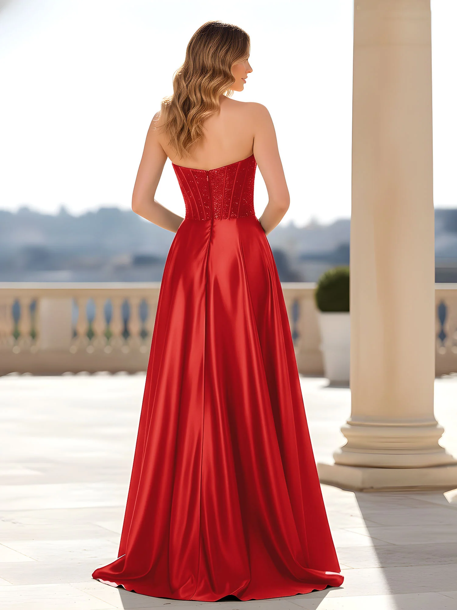 Strapless Satin Gown with Corset Bodice Red - Image 2