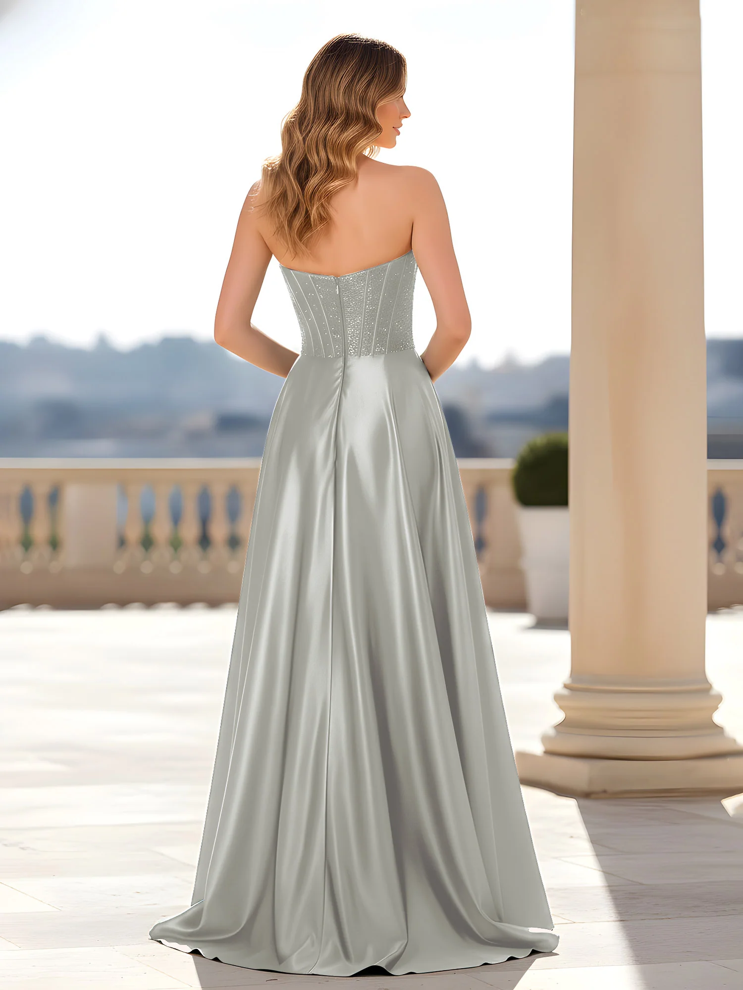 Strapless Satin Gown with Corset Bodice Silver - Image 2