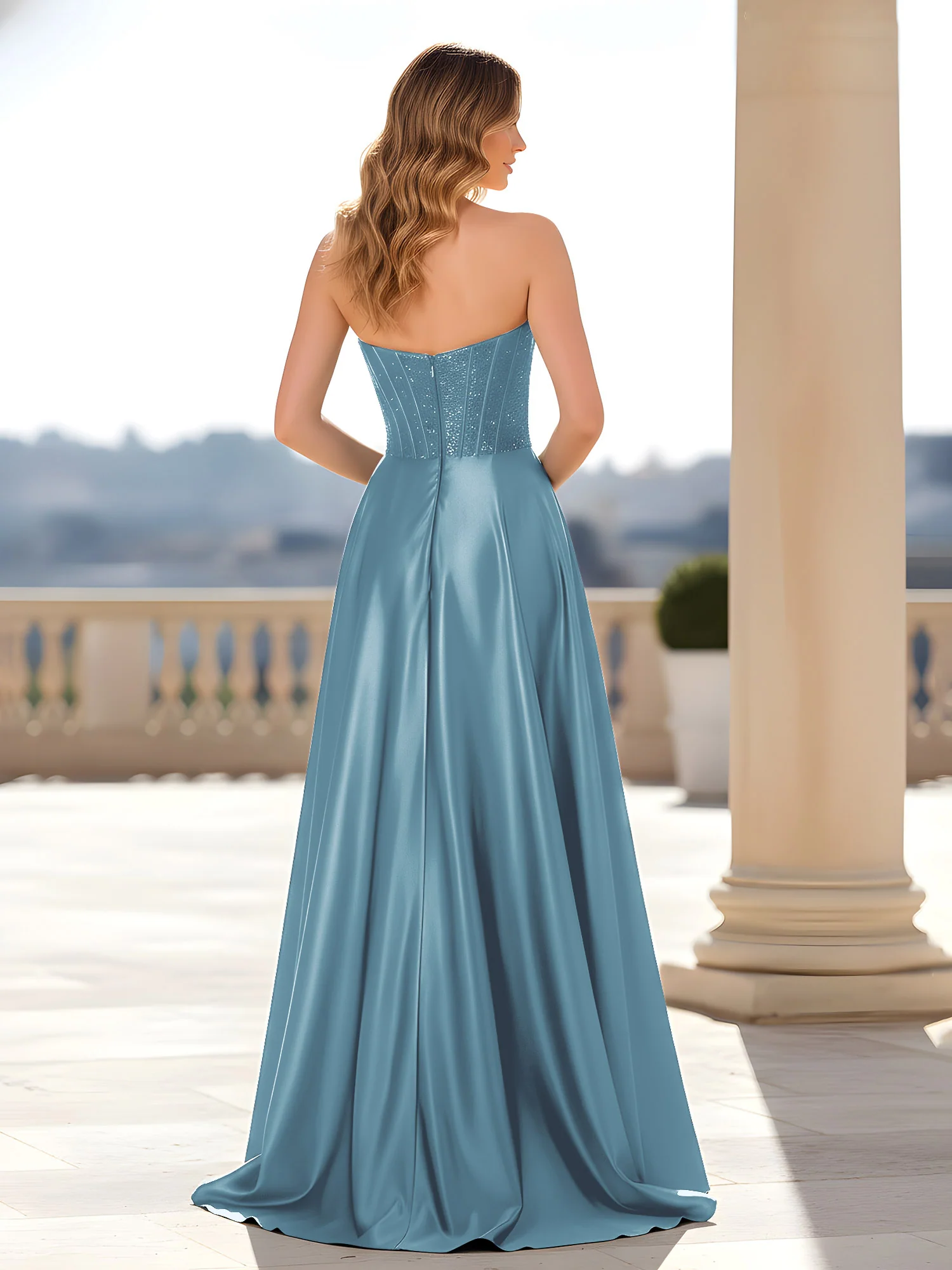 Strapless Satin Gown with Corset Bodice Slate Blue - Image 2
