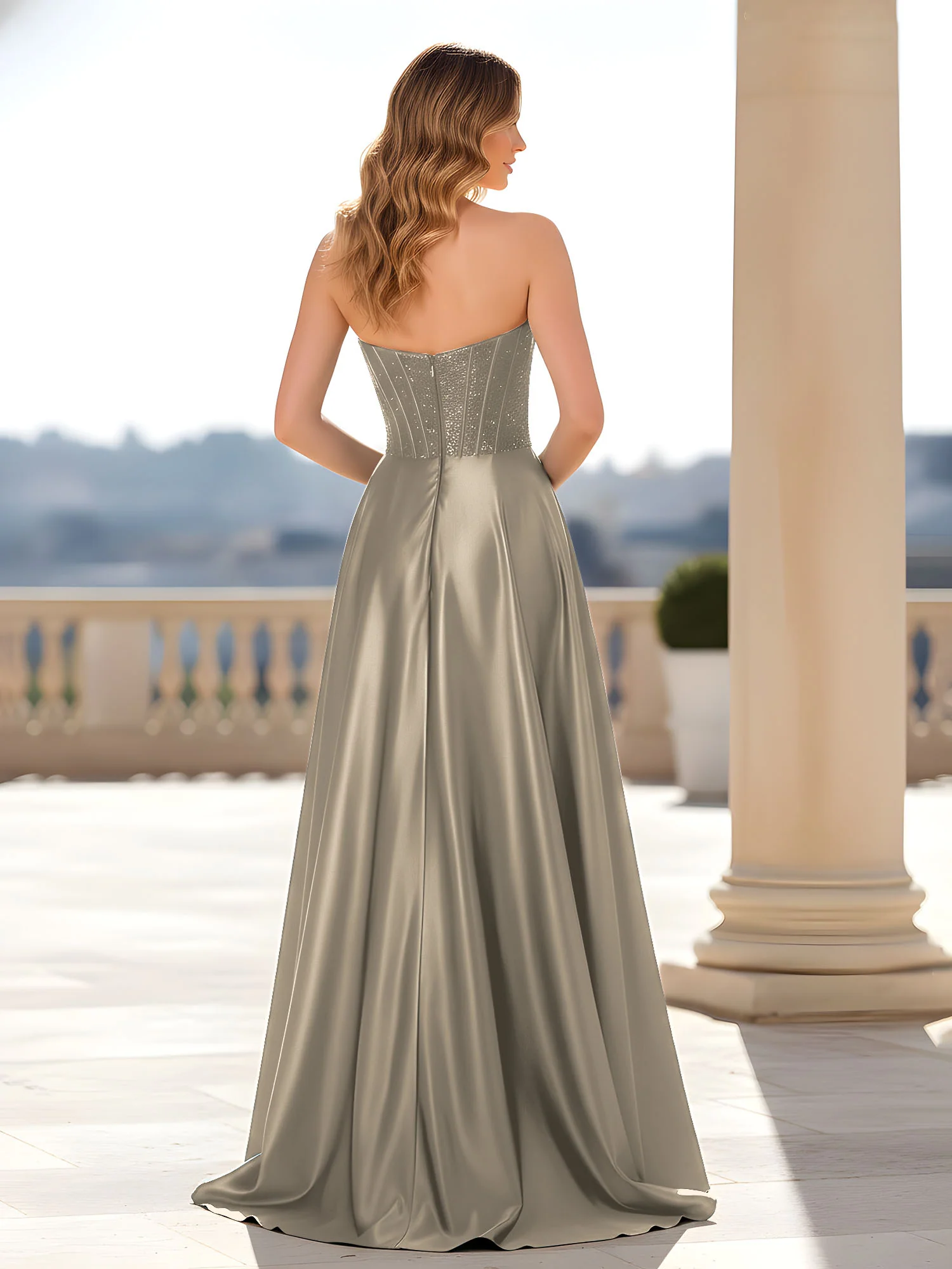 Strapless Satin Gown with Corset Bodice Taupe - Image 2