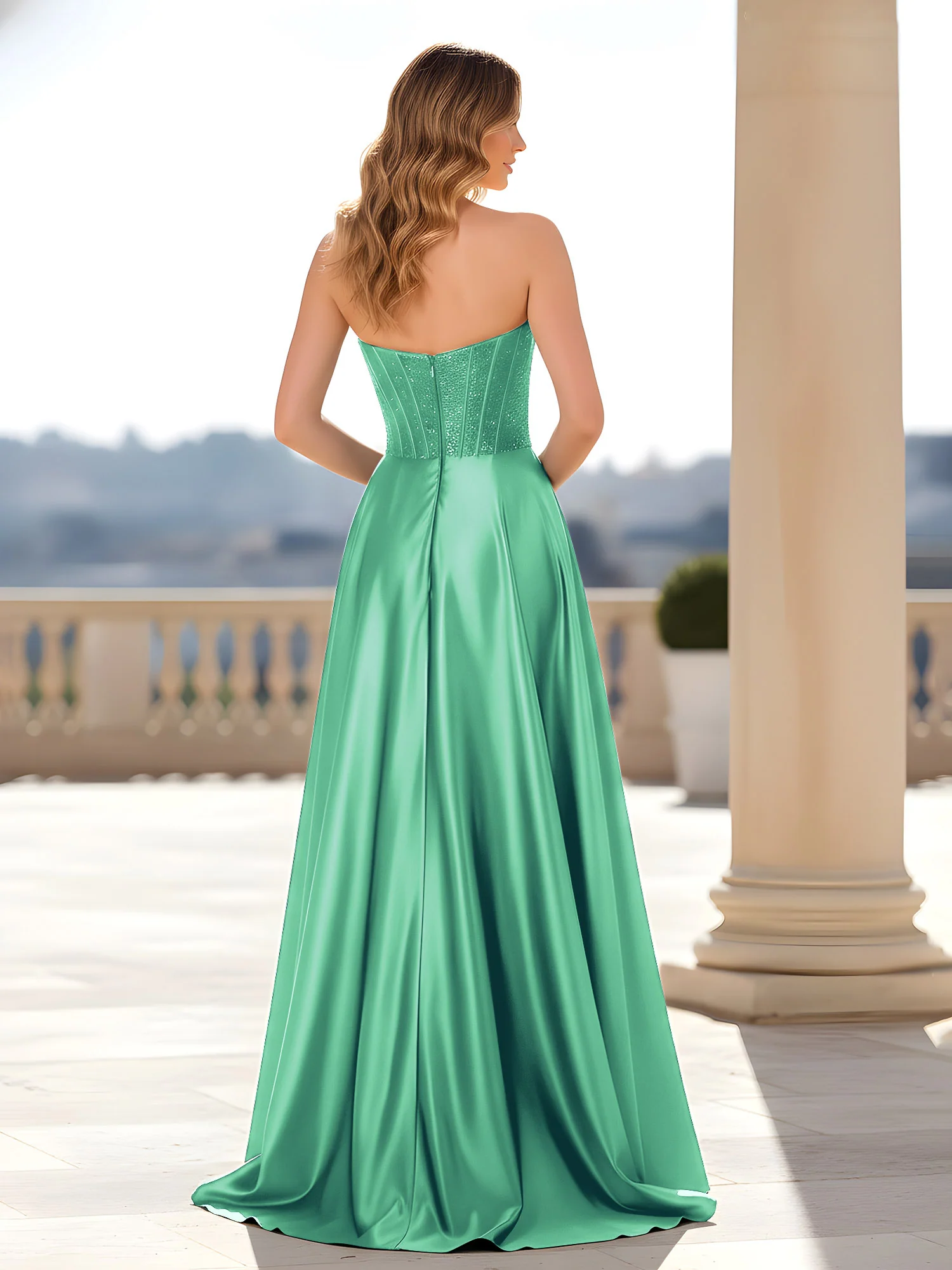 Strapless Satin Gown with Corset Bodice Turquoise - Image 2