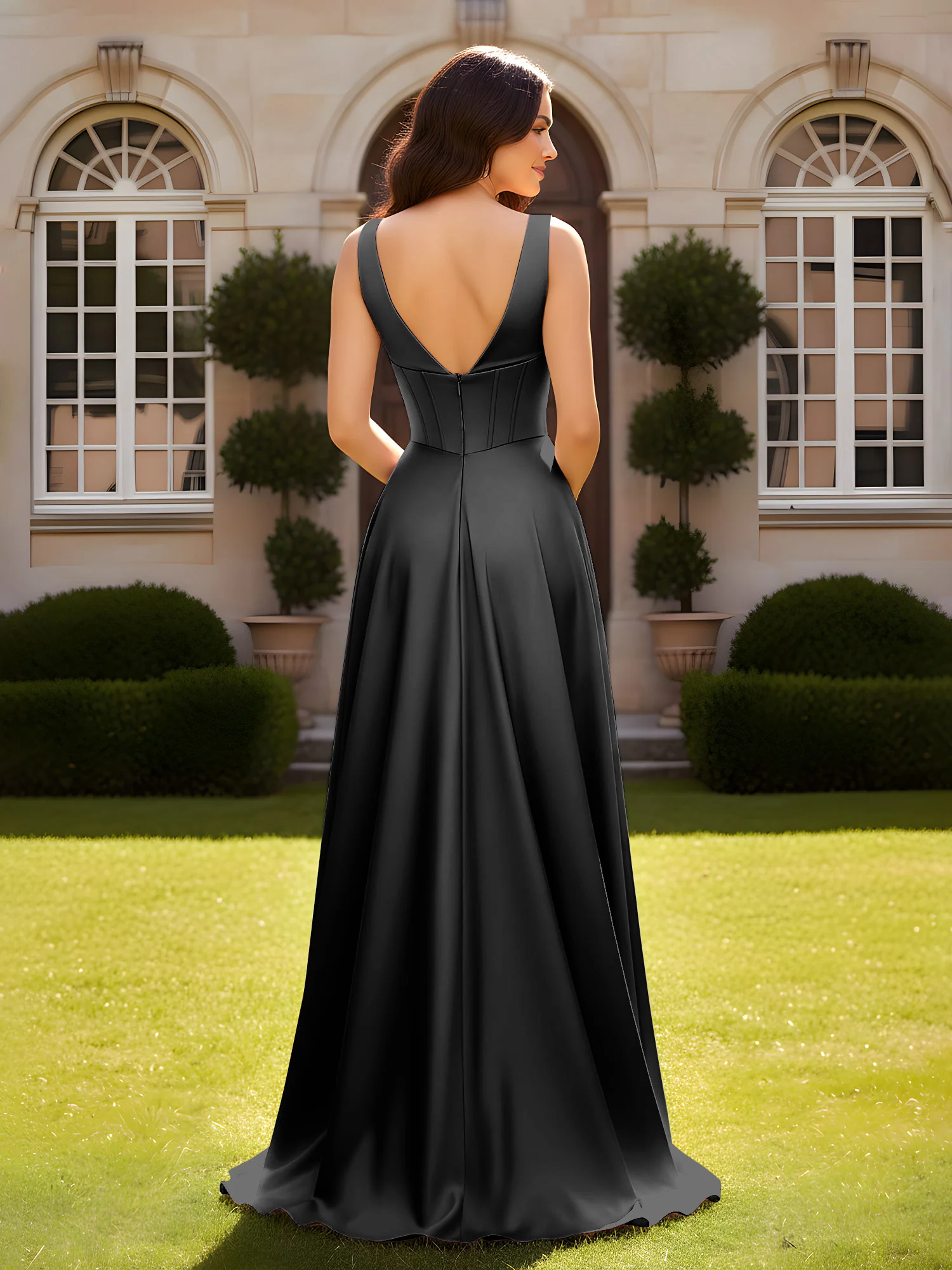 Sleeveless A-Line Evening Dress with Low V-Back Black - Image 2