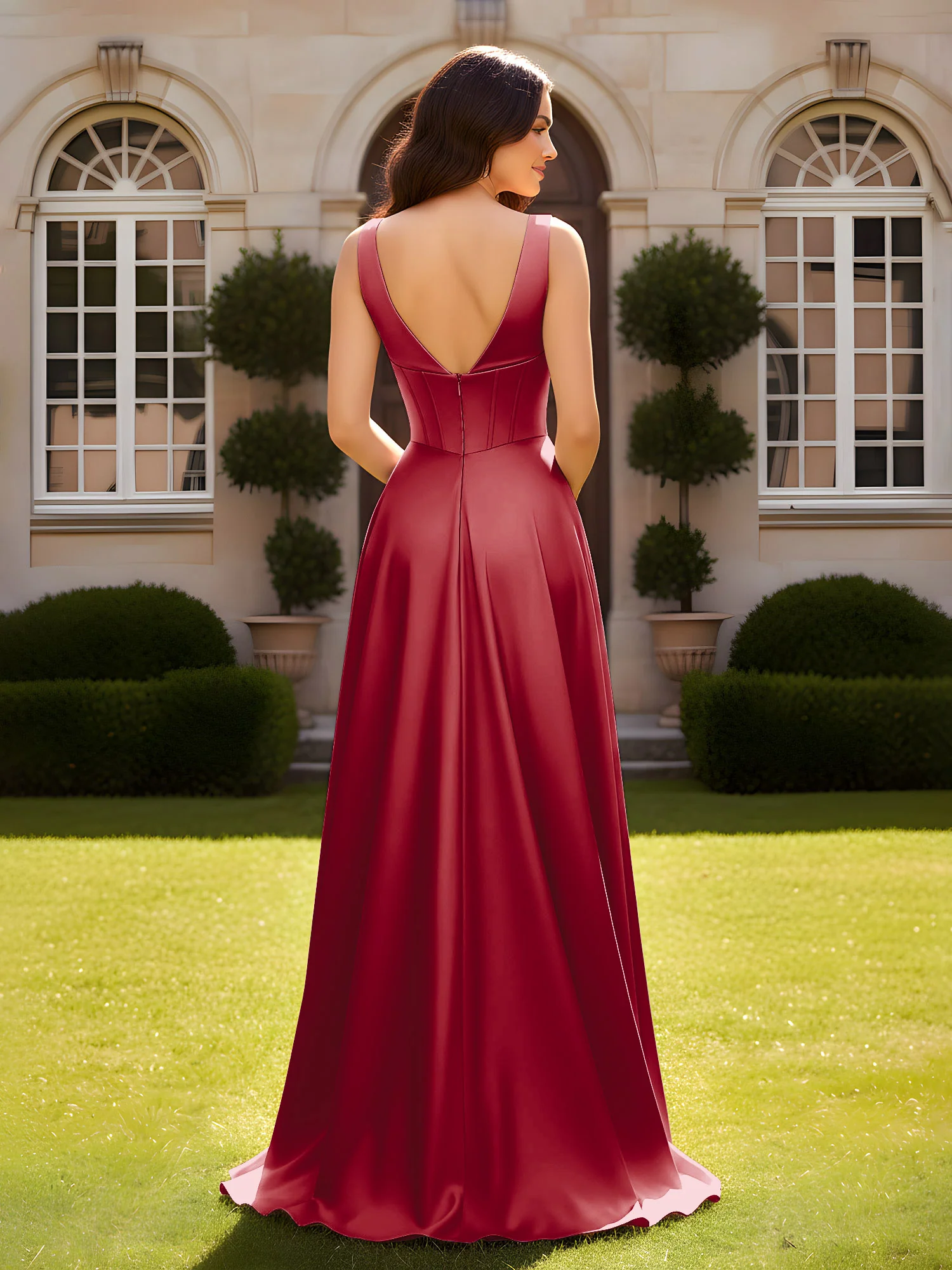 Sleeveless A-Line Evening Dress with Low V-Back Burgundy - Image 2