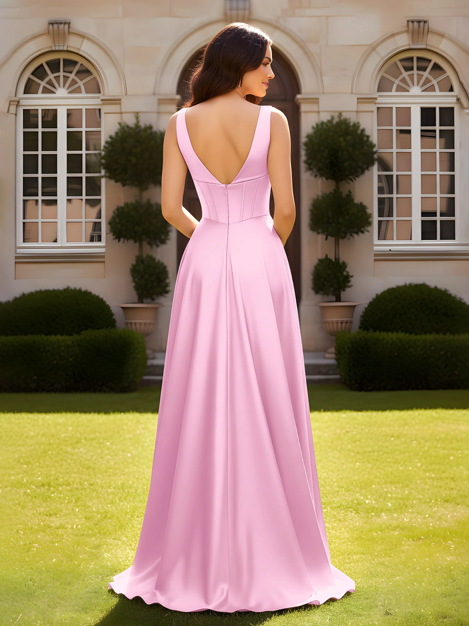 Sleeveless A-Line Evening Dress with Low V-Back Candy Pink - Image 2