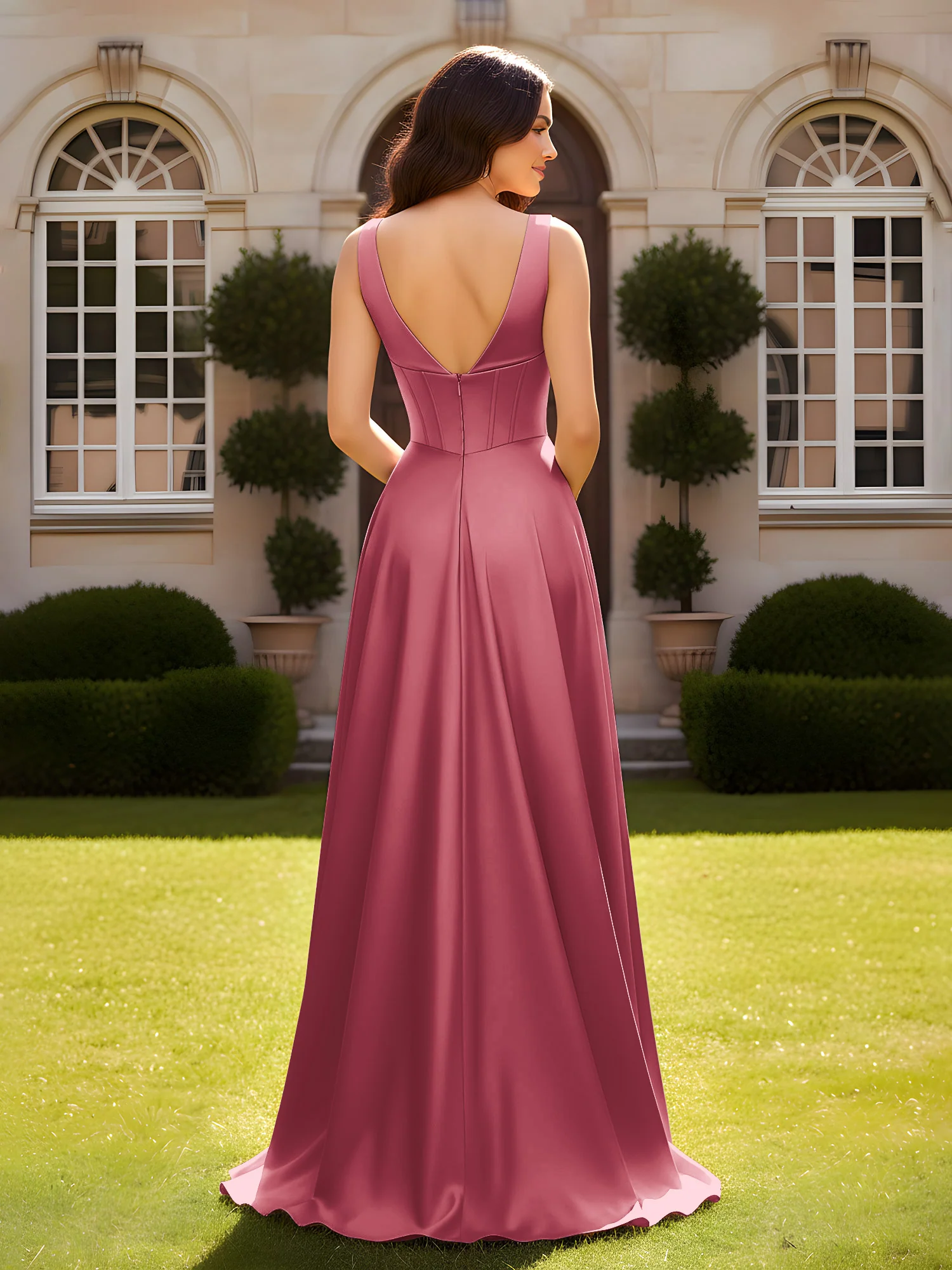 Sleeveless A-Line Evening Dress with Low V-Back Cinnamon Rose - Image 2