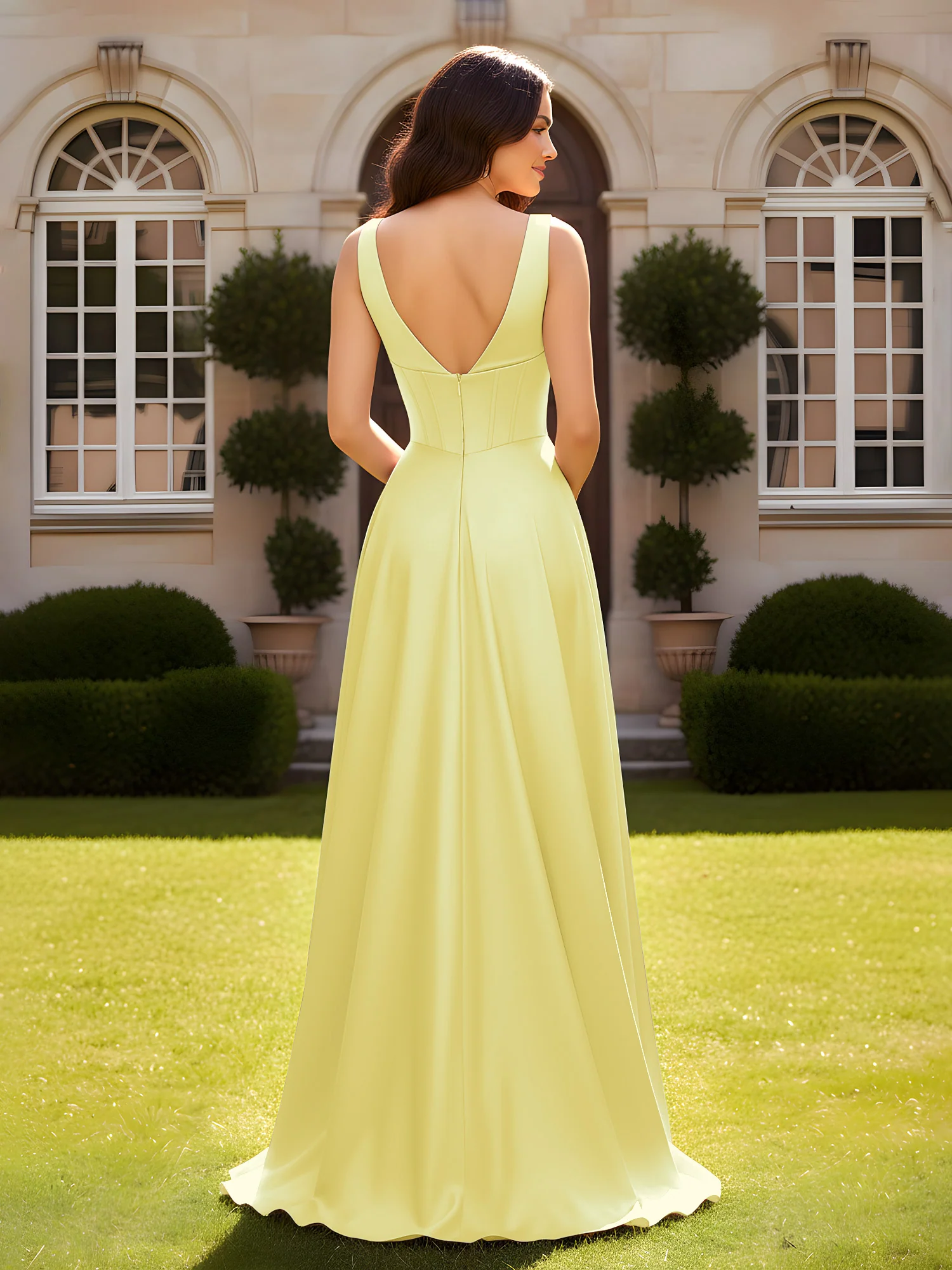 Sleeveless A-Line Evening Dress with Low V-Back Daffodil - Image 2