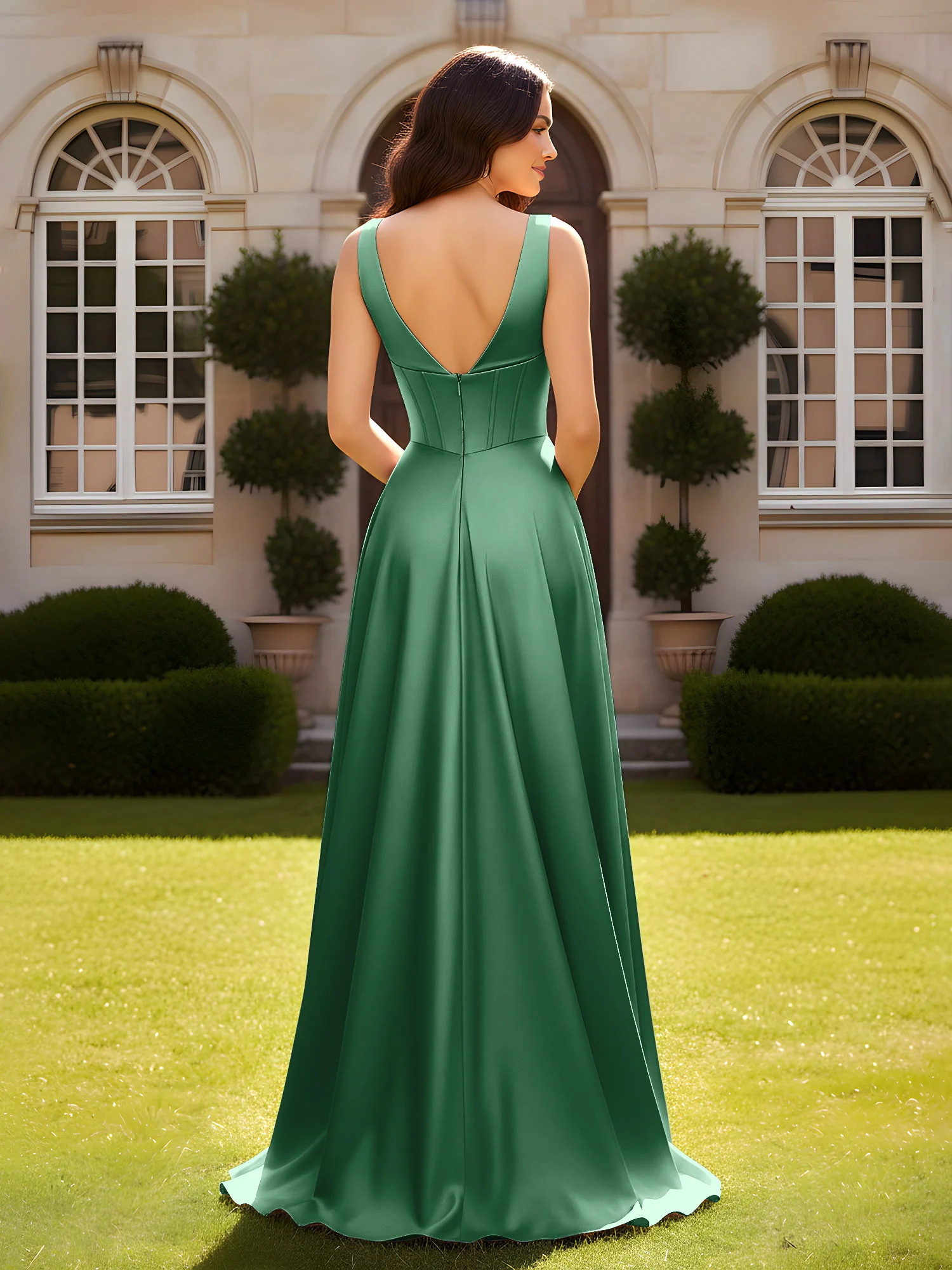 Sleeveless A-Line Evening Dress with Low V-Back Dark Green - Image 2